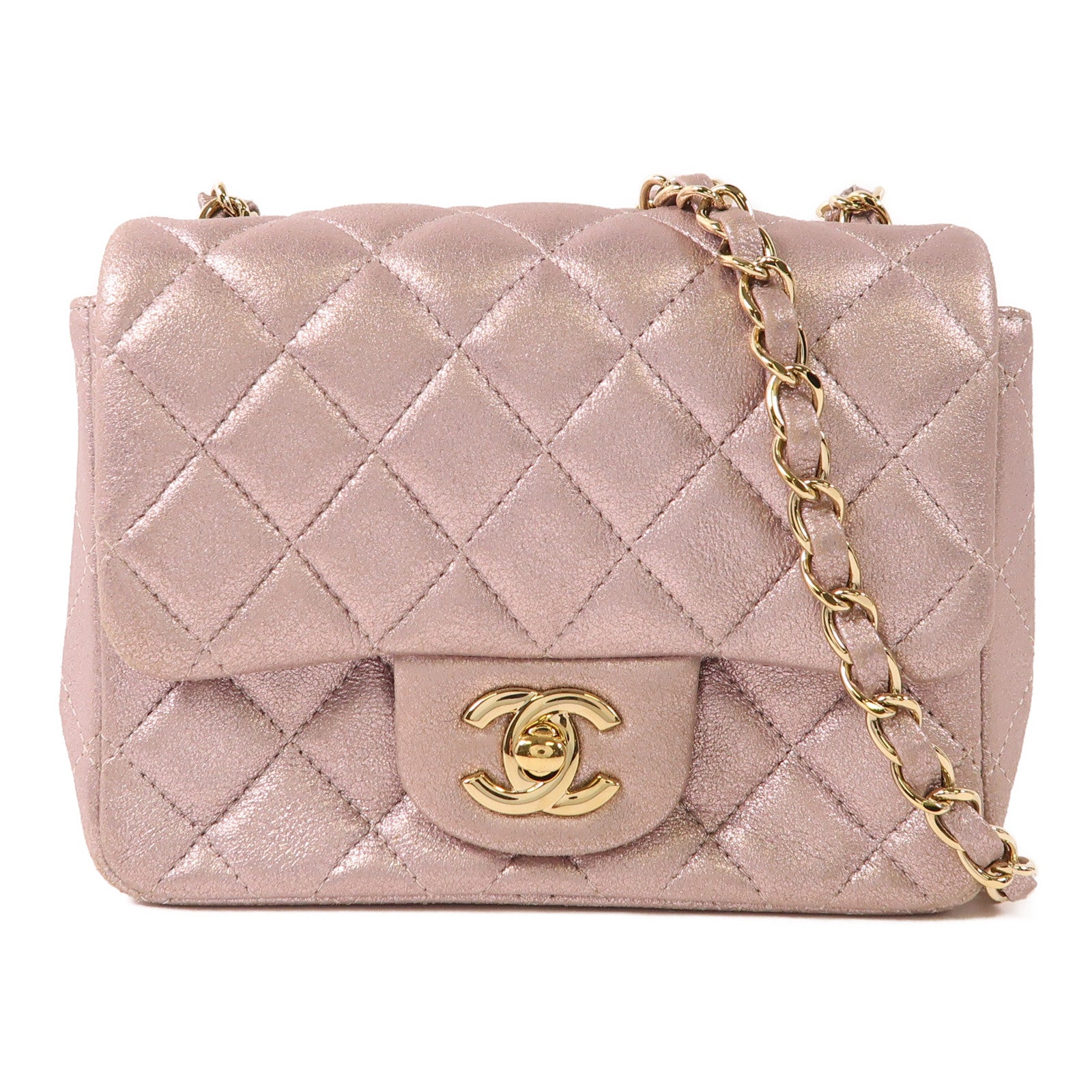 CHANEL CC GHW Mini Classic 17 Chain Shoulder Bag Calfskin Leather Metallic Pink