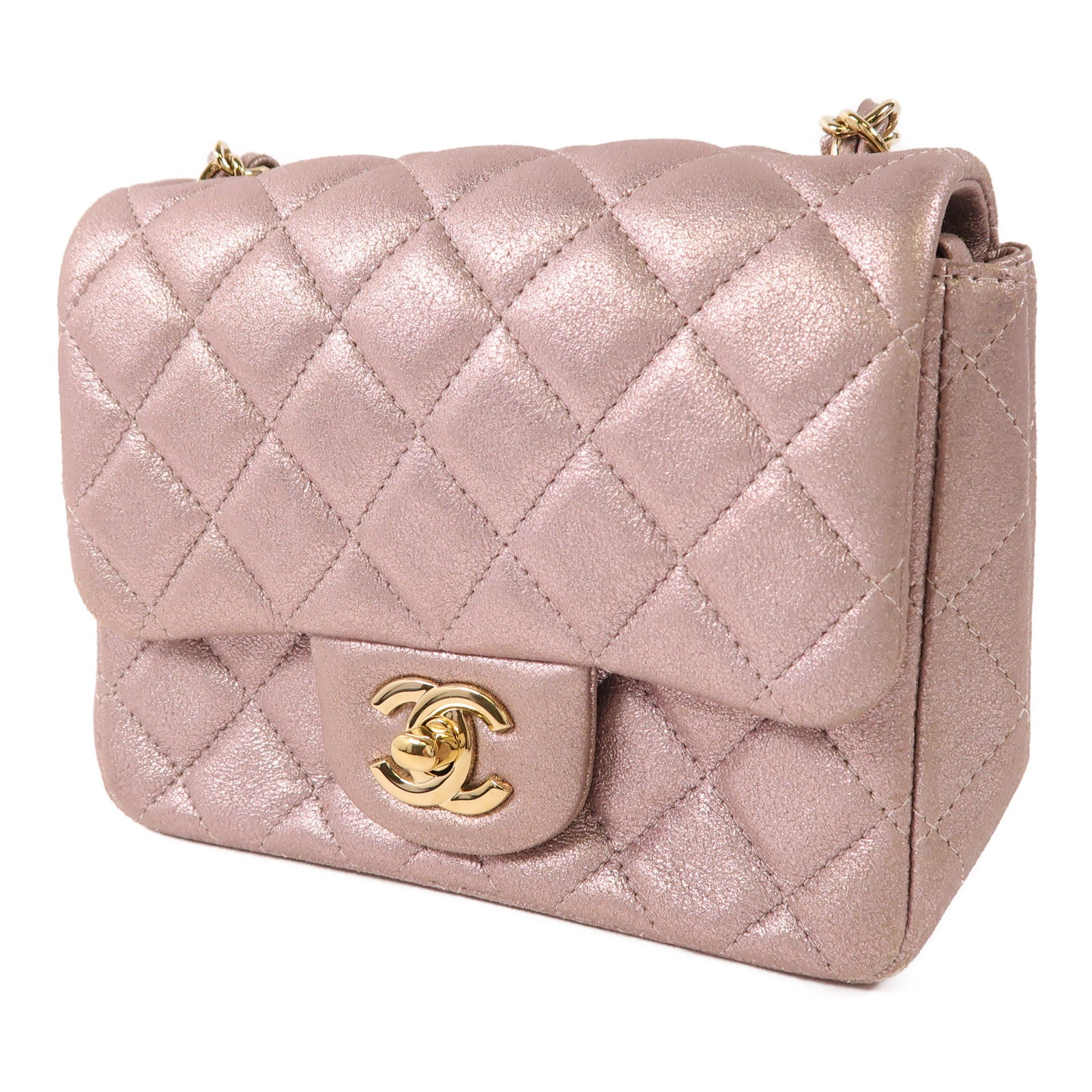 CHANEL CC GHW Mini Classic 17 Chain Shoulder Bag Calfskin Leather Metallic Pink