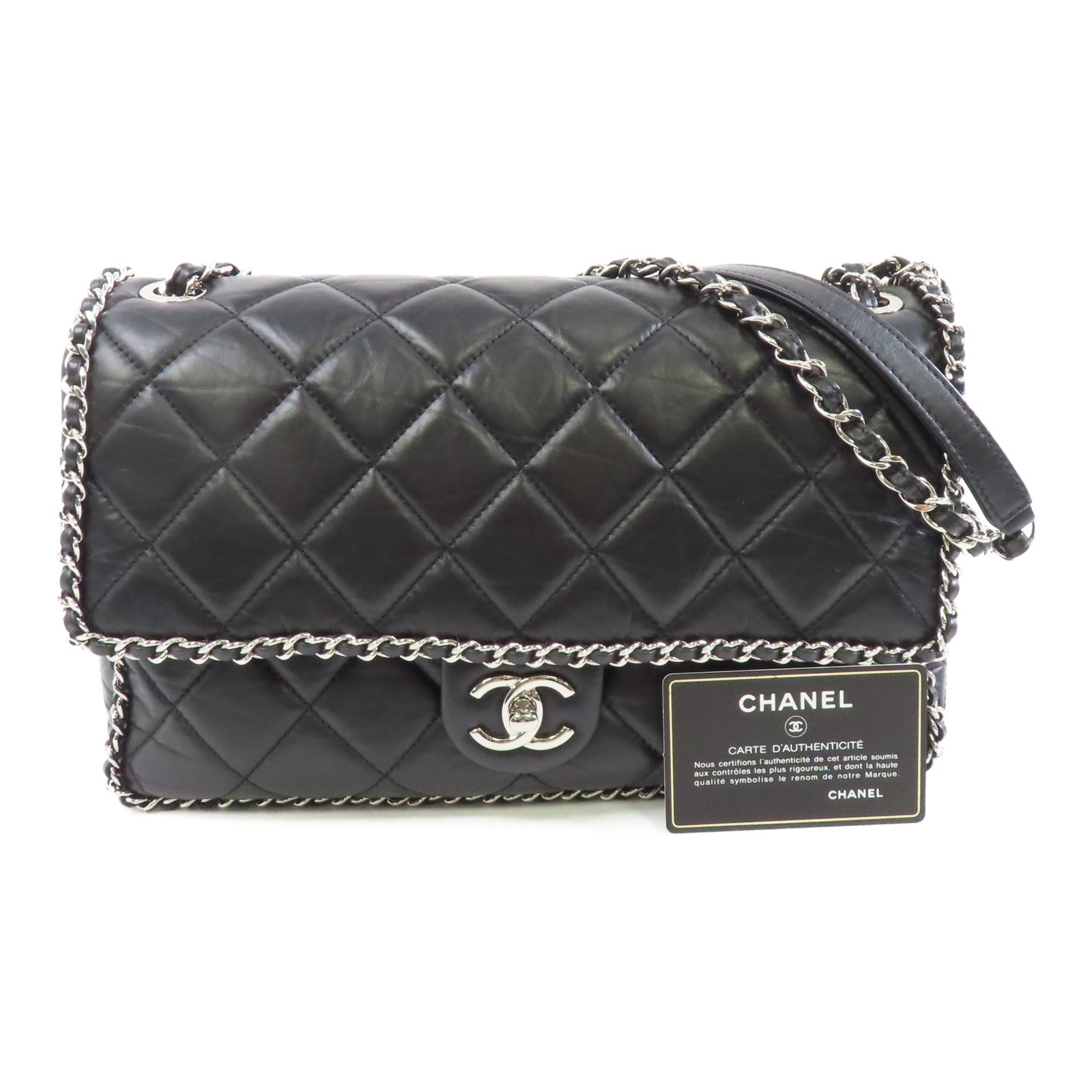 CHANEL 菱格皮革Chain Shoulder銀扣鏈帶肩背袋黑色