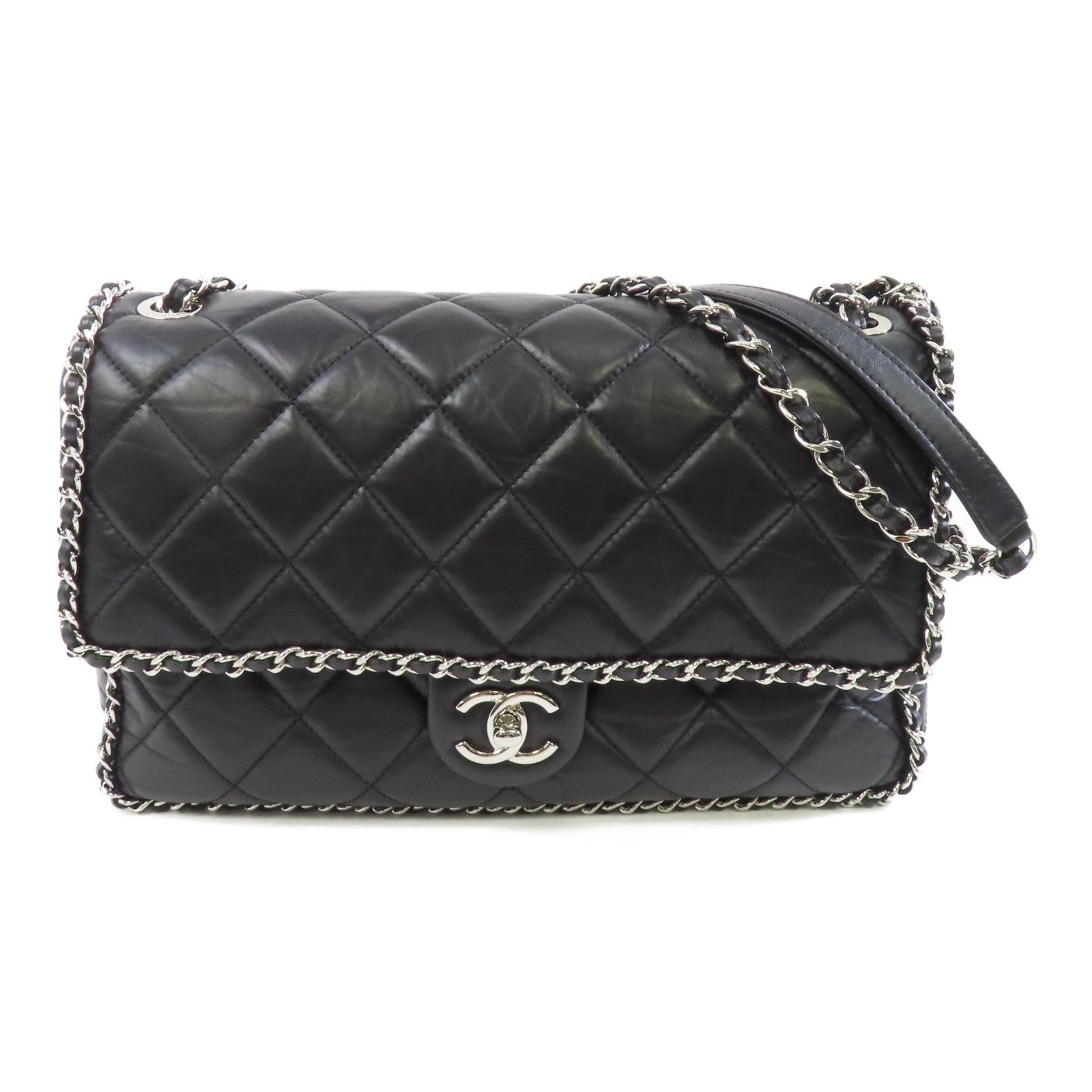 CHANEL 菱格皮革Chain Shoulder銀扣鏈帶肩背袋黑色