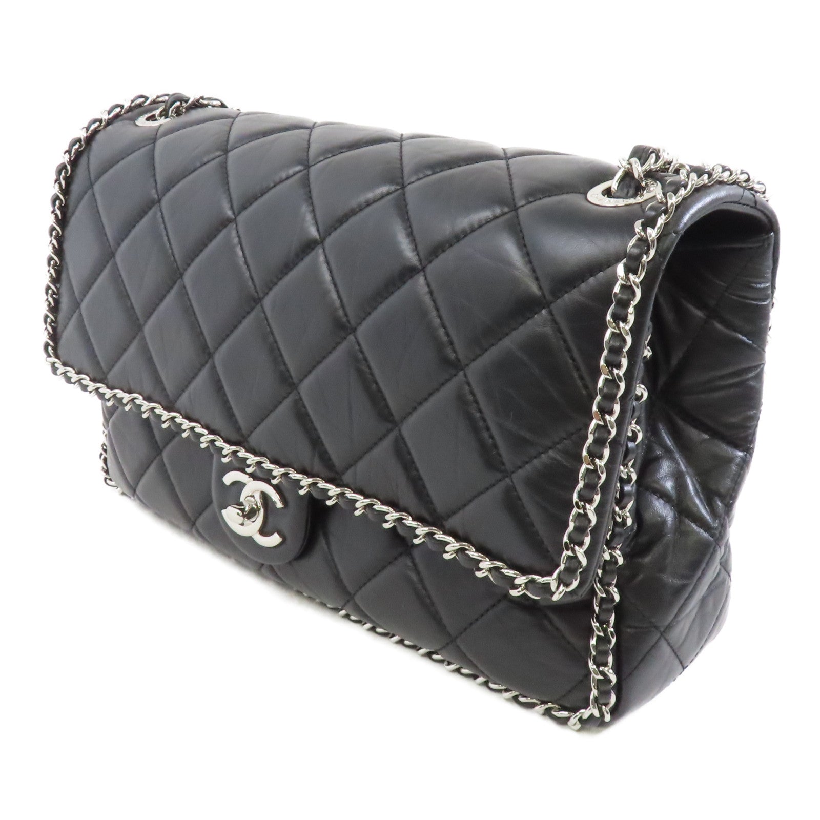 CHANEL 菱格皮革Chain Shoulder銀扣鏈帶肩背袋黑色