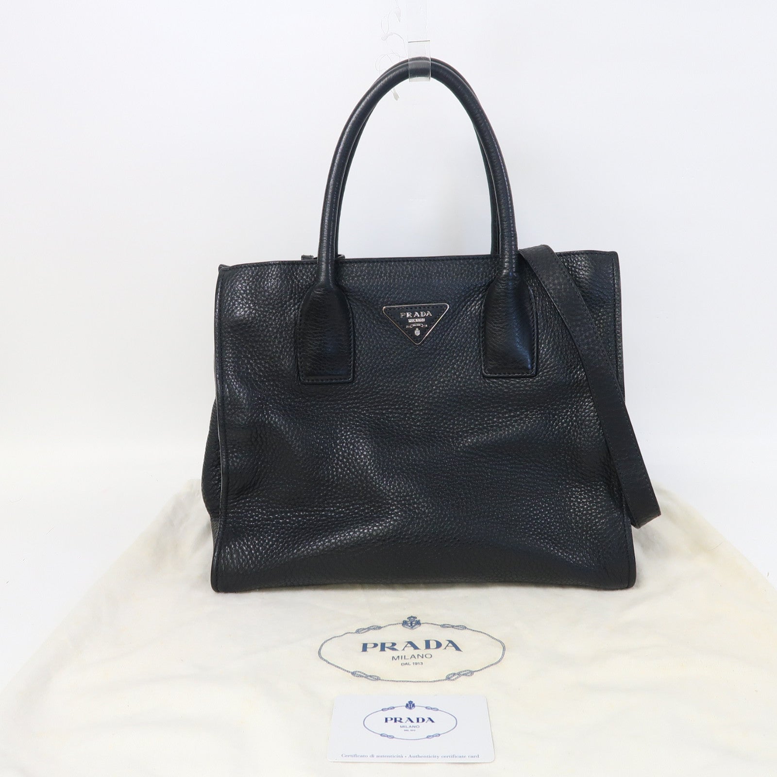 PRADA 牛皮皮革Vitello Daino銀扣手挽肩背兩用袋黑色