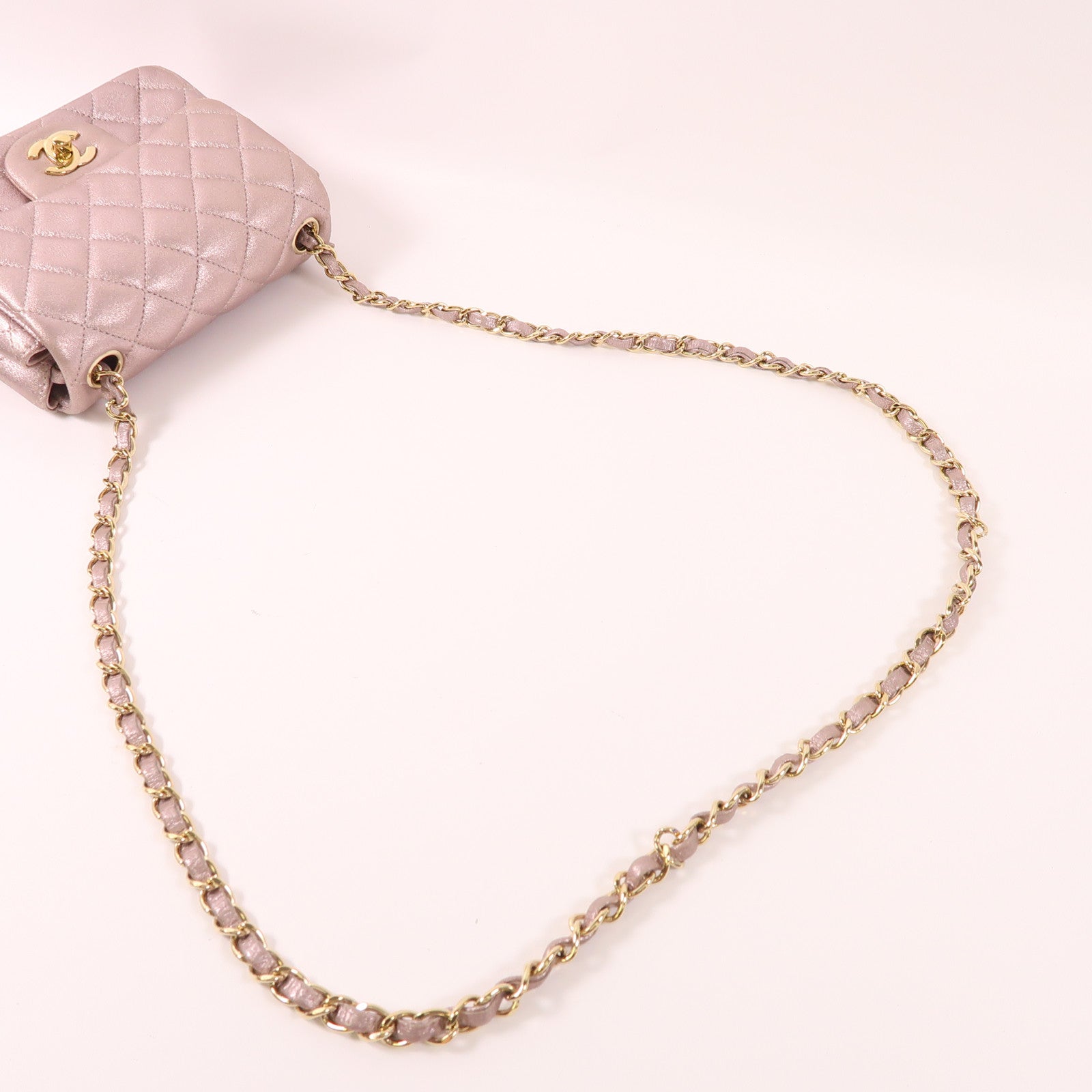 CHANEL CC GHW Mini Classic 17 Chain Shoulder Bag Calfskin Leather Metallic Pink