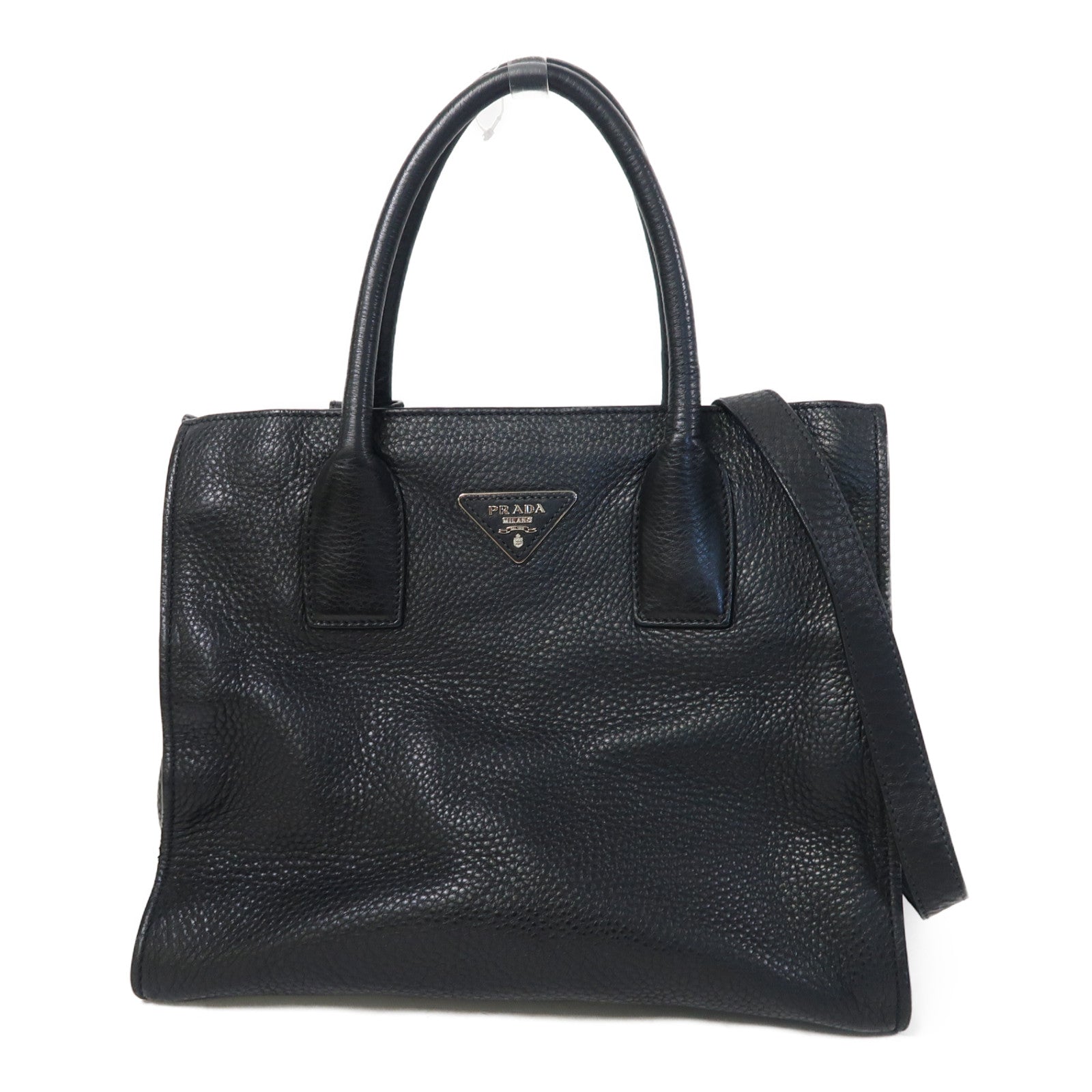 PRADA 牛皮皮革Vitello Daino銀扣手挽肩背兩用袋黑色