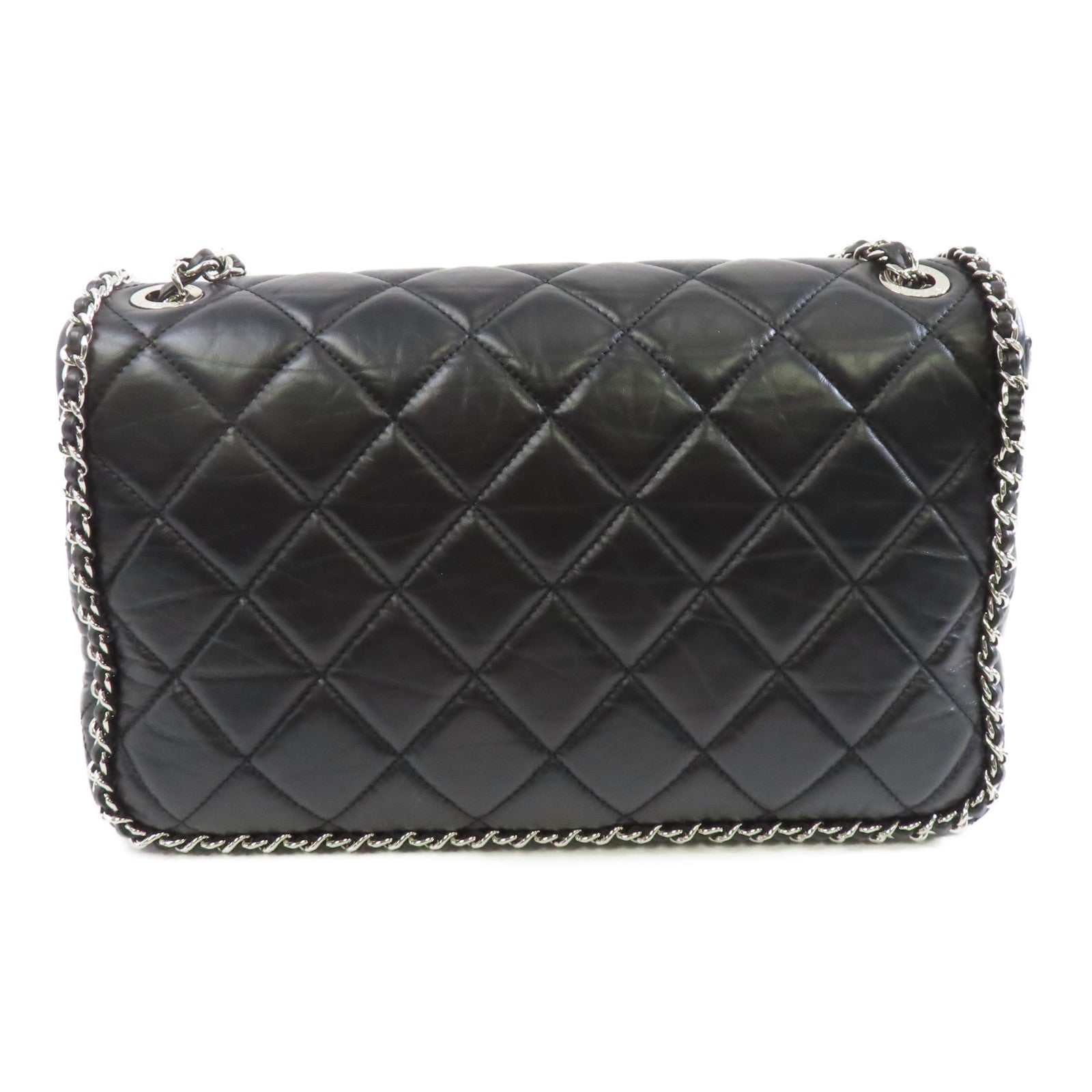 CHANEL 菱格皮革Chain Shoulder銀扣鏈帶肩背袋黑色