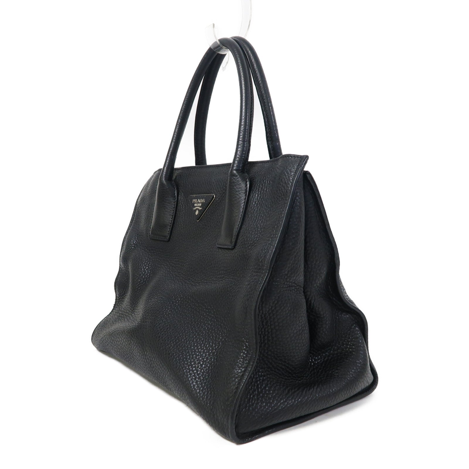 PRADA 牛皮皮革Vitello Daino銀扣手挽肩背兩用袋黑色