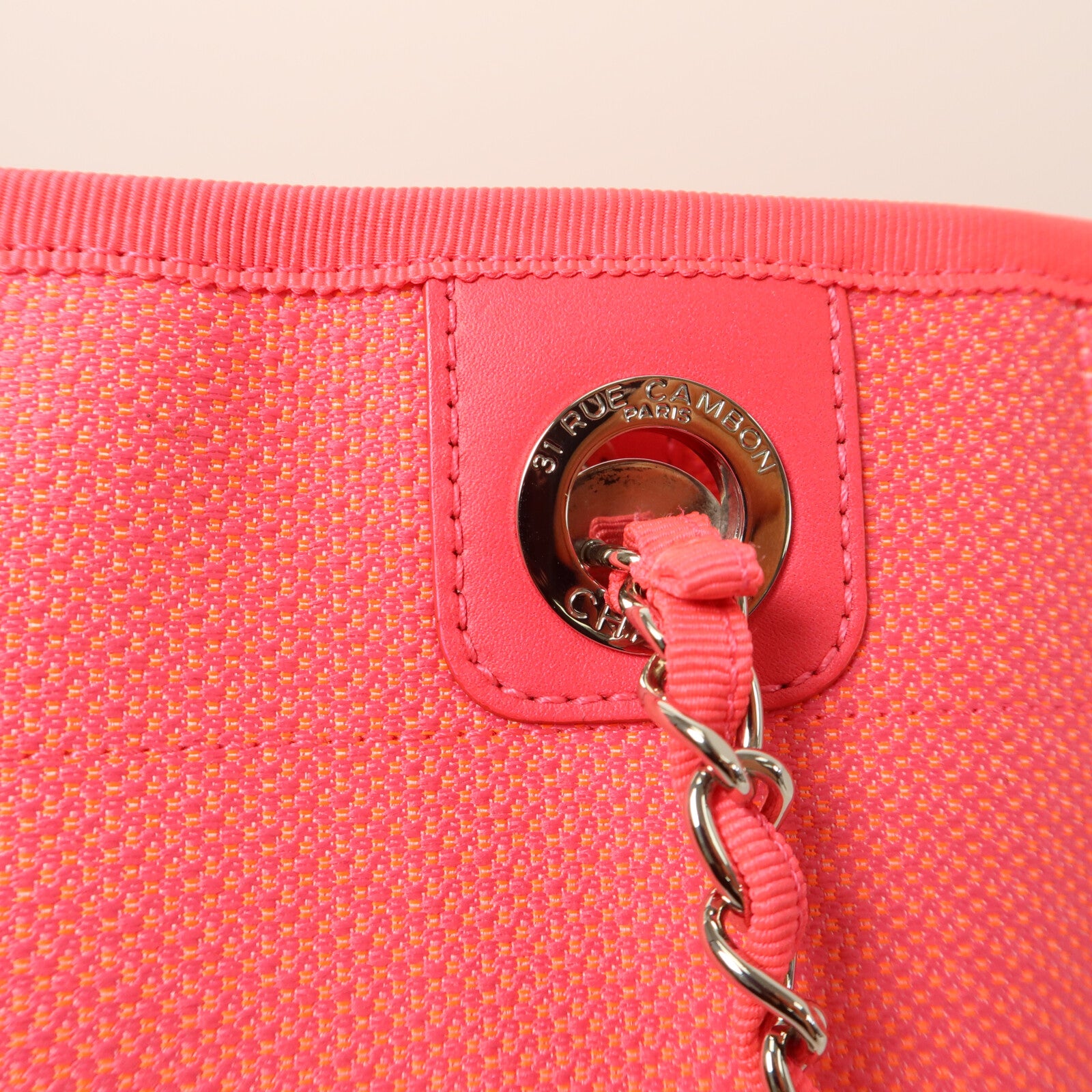 CHANEL 帆布Deauville PM Tote Bag鏈帶肩背袋