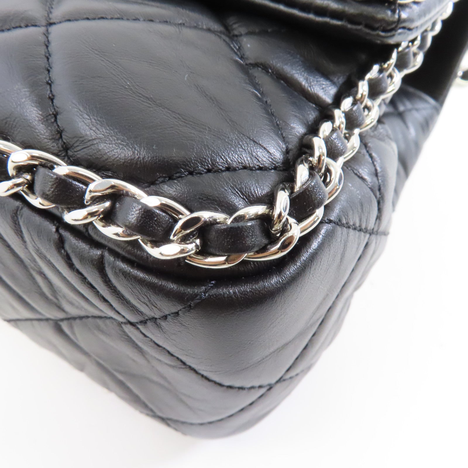 CHANEL 菱格皮革Chain Shoulder銀扣鏈帶肩背袋黑色