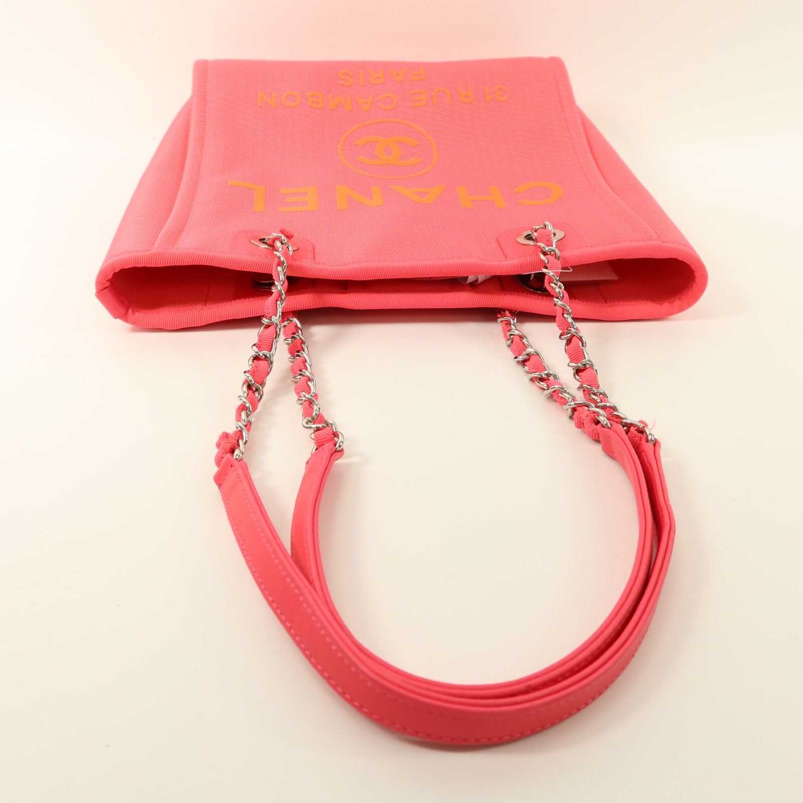 CHANEL 帆布Deauville PM Tote Bag鏈帶肩背袋