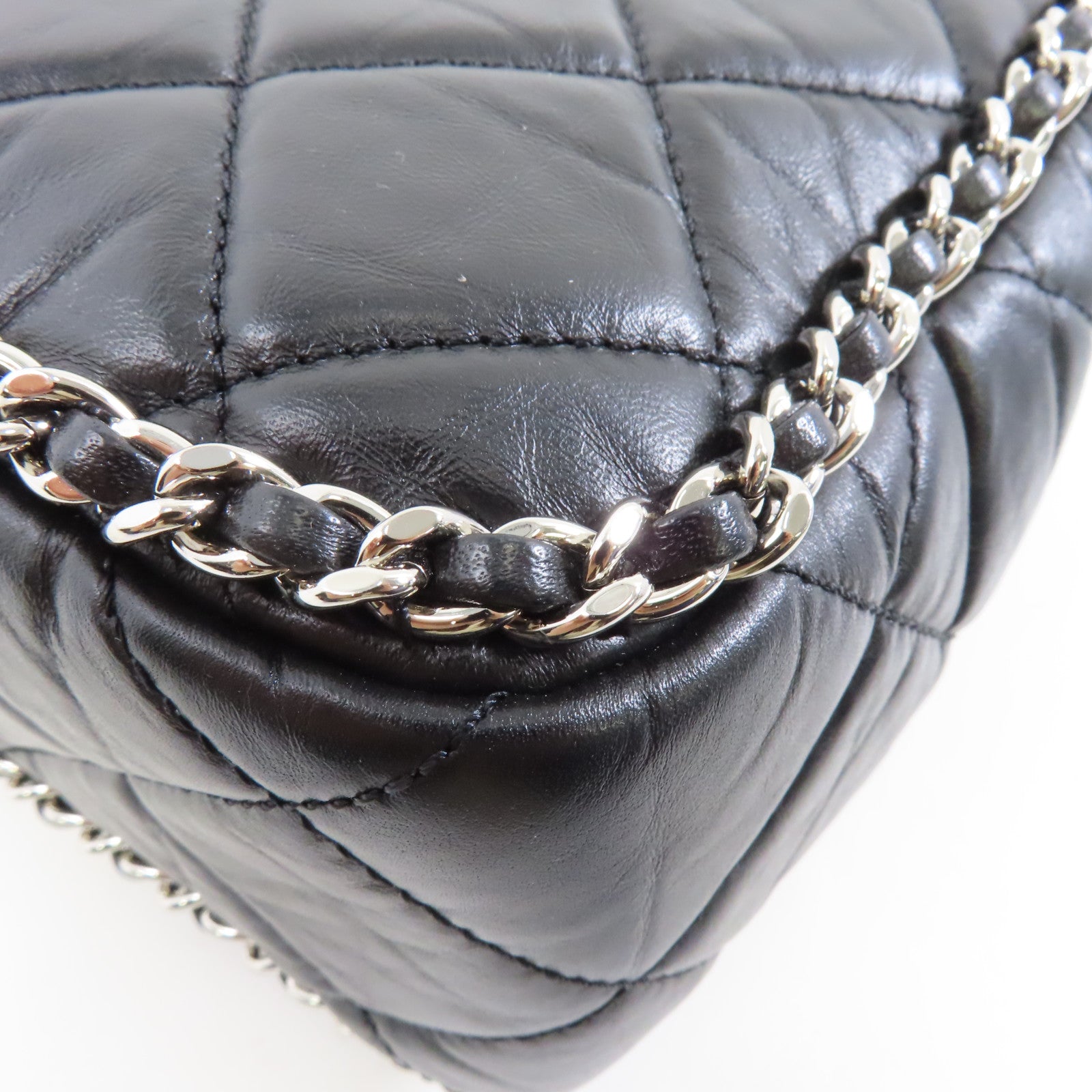 CHANEL 菱格皮革Chain Shoulder銀扣鏈帶肩背袋黑色
