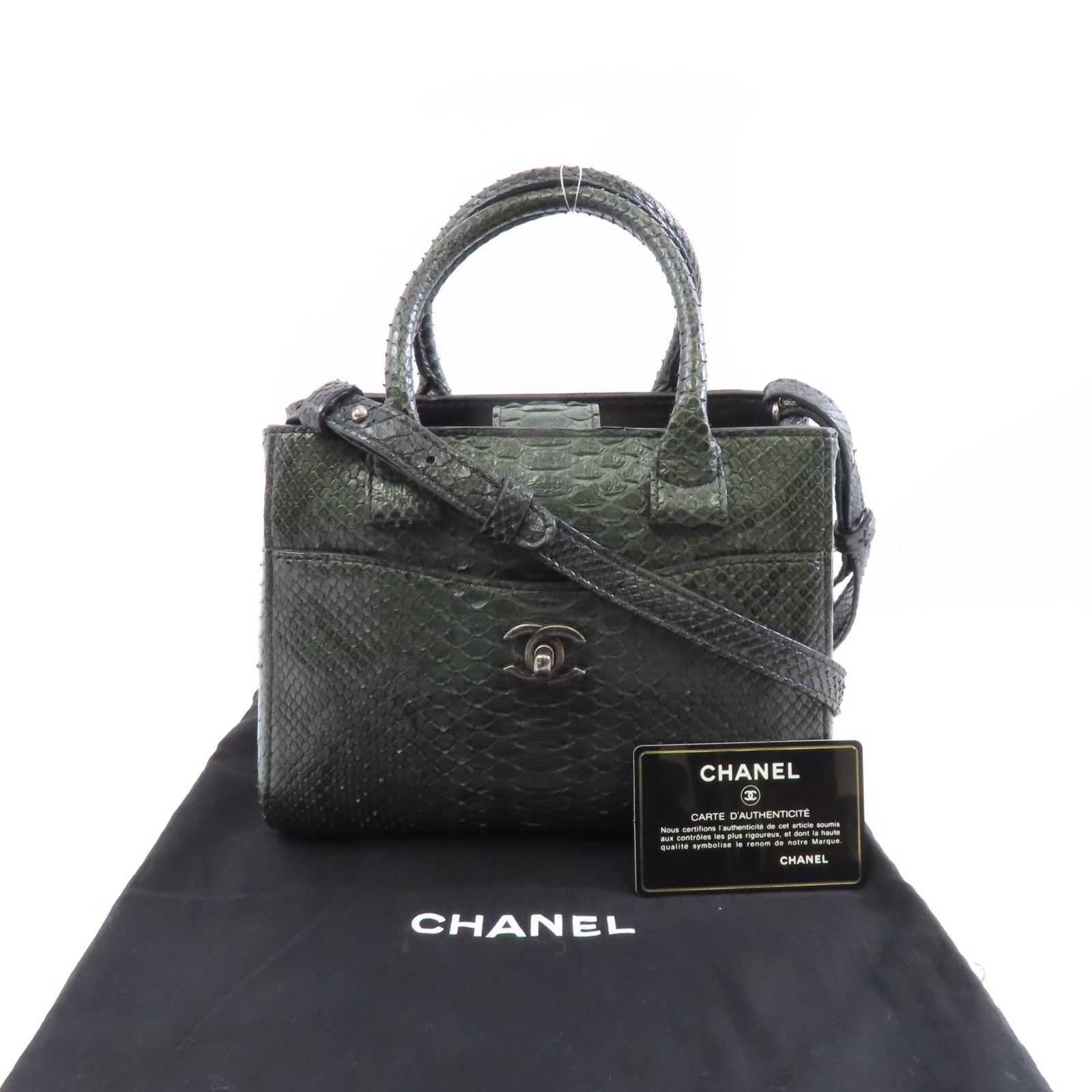 CHANEL 【激減優惠】蛇皮皮革2 Way Shoulder銀扣手挽肩背兩用袋綠色