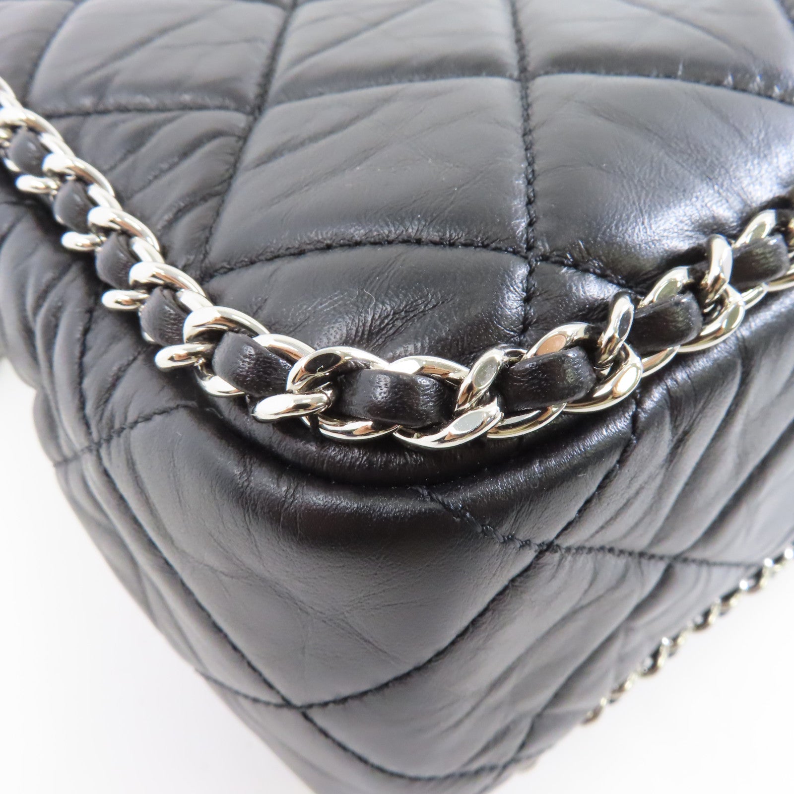 CHANEL 菱格皮革Chain Shoulder銀扣鏈帶肩背袋黑色