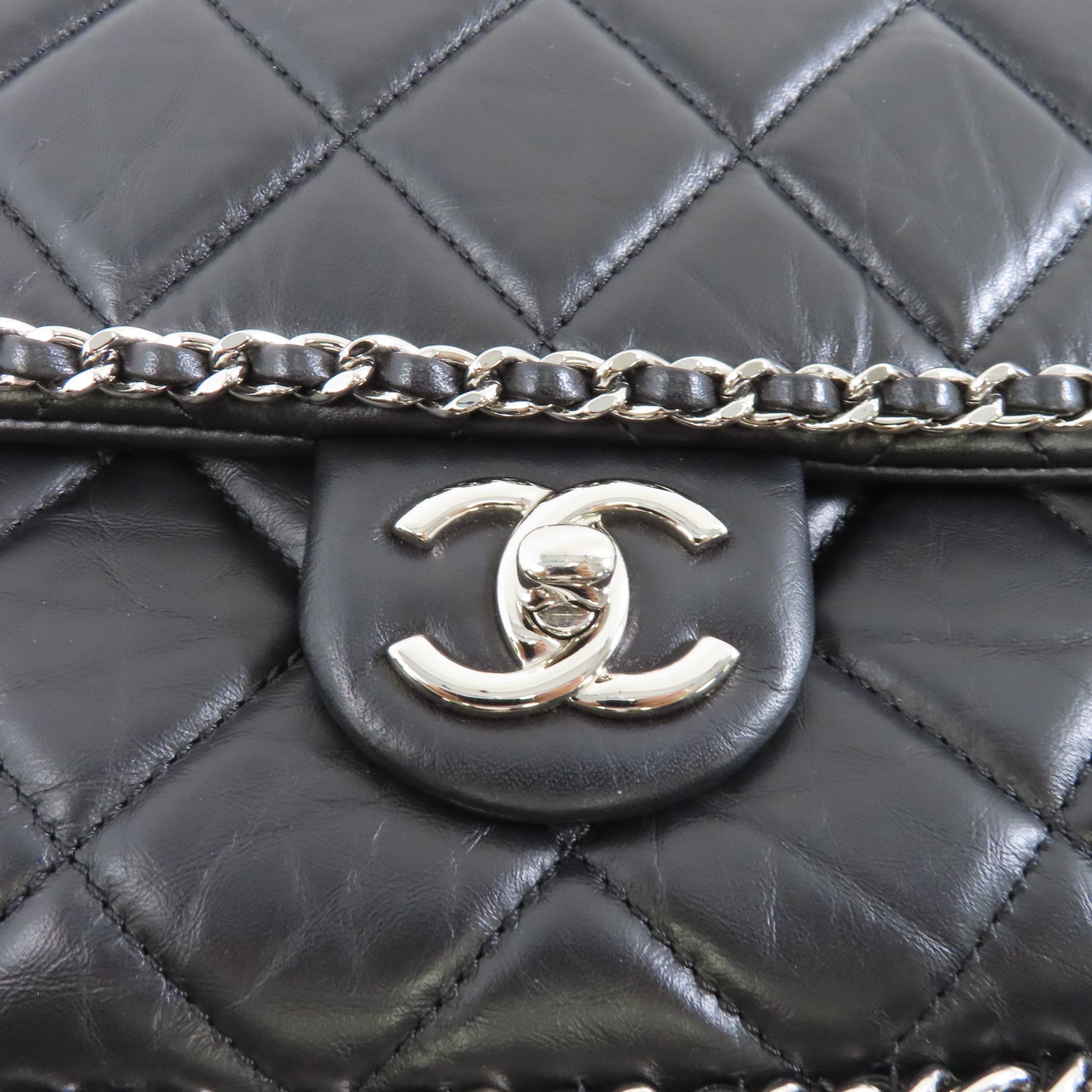 CHANEL 菱格皮革Chain Shoulder銀扣鏈帶肩背袋黑色