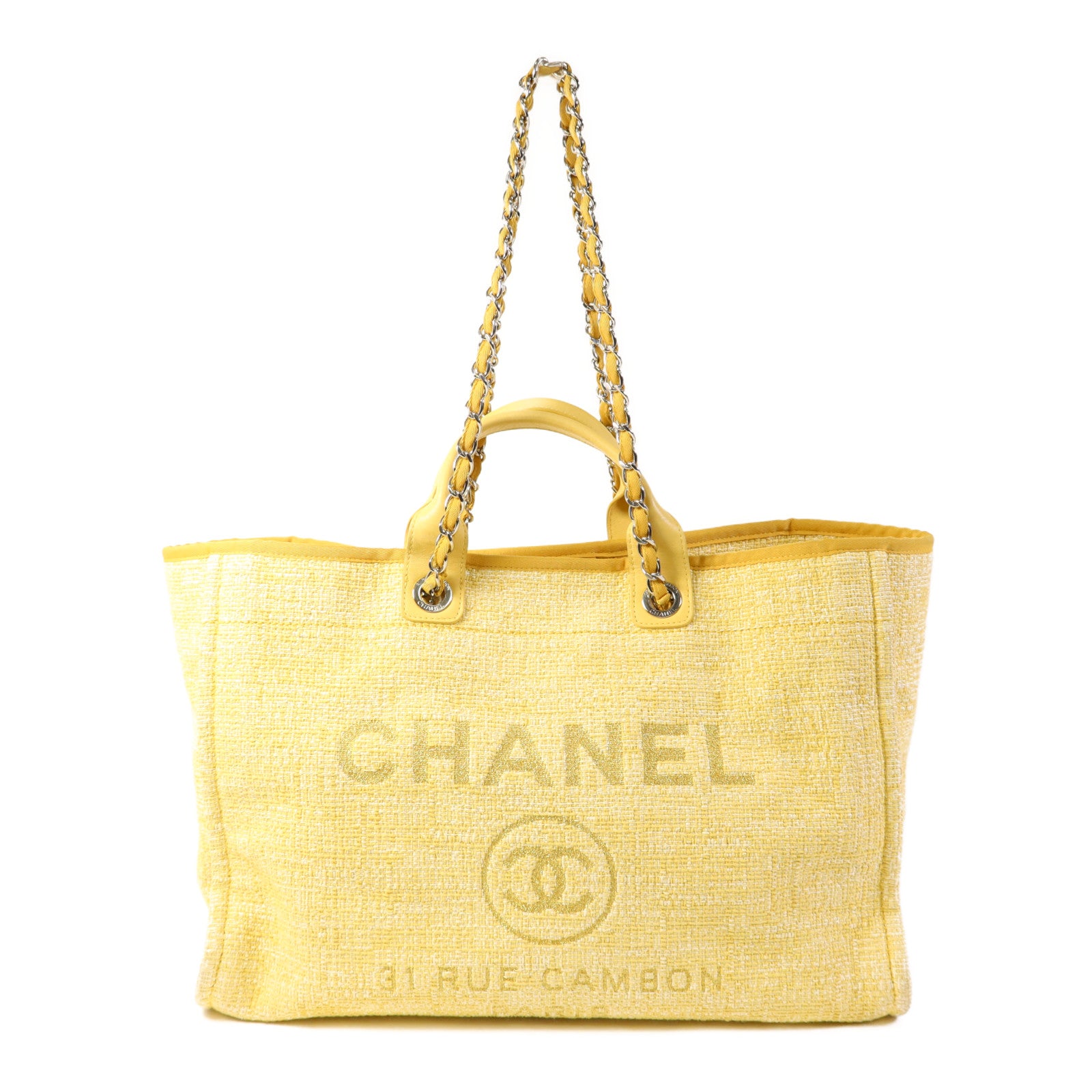CHANEL 帆布Deauville Tote Bag銀扣手挽肩背兩用袋