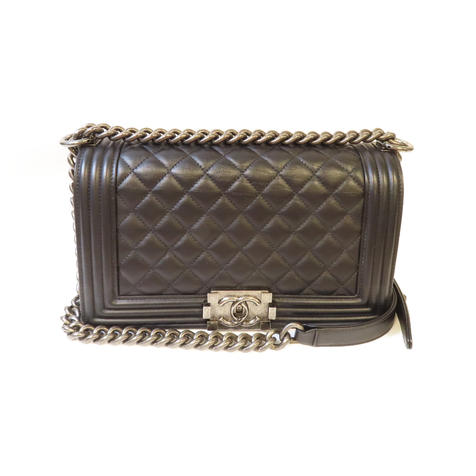 CHANEL 【激減優惠】菱格牛皮皮革Boy Chanel Chain Shoulder Bag銀扣鏈帶肩背袋黑色