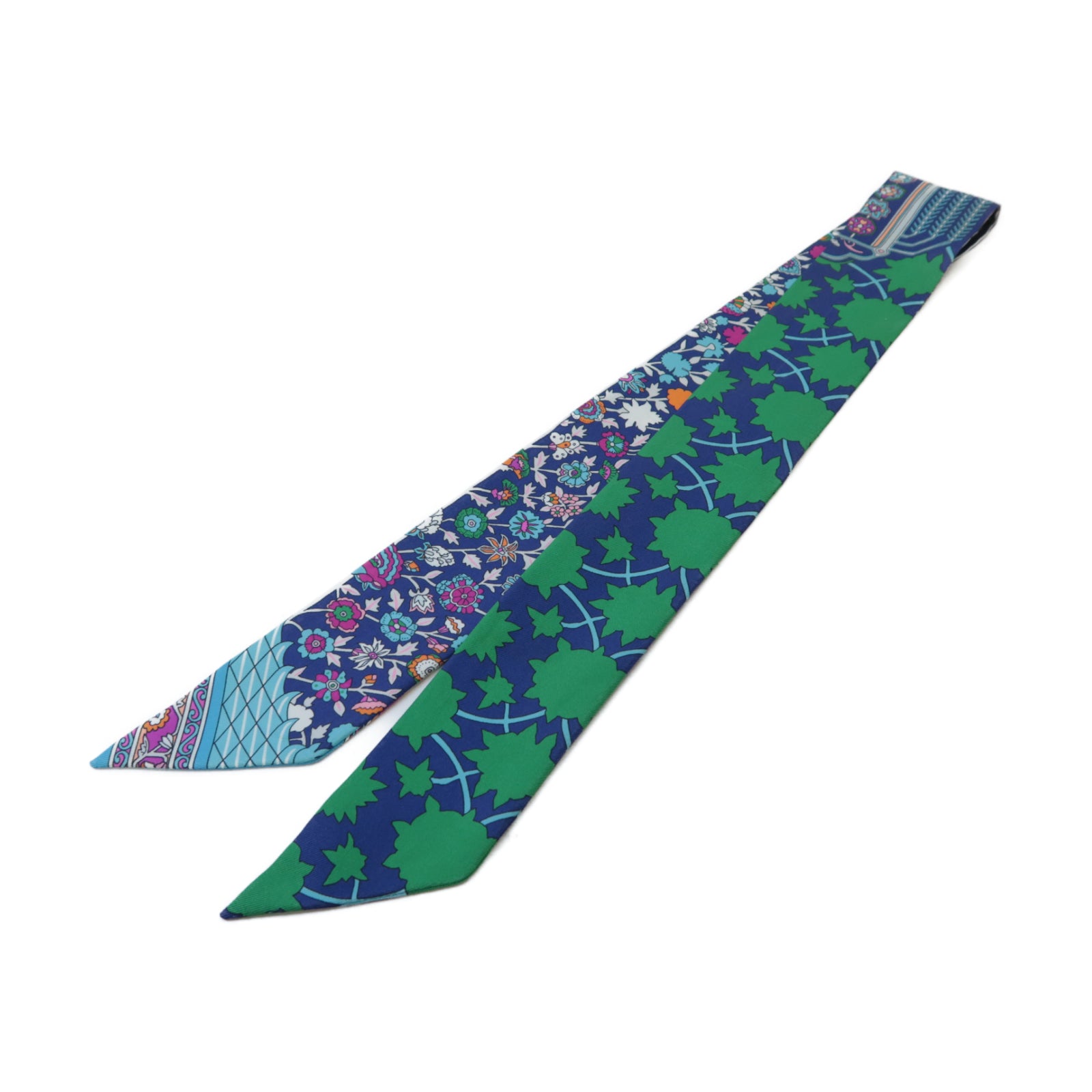 HERMES 【激減優惠】絲質Twilly絲巾藍色/綠色