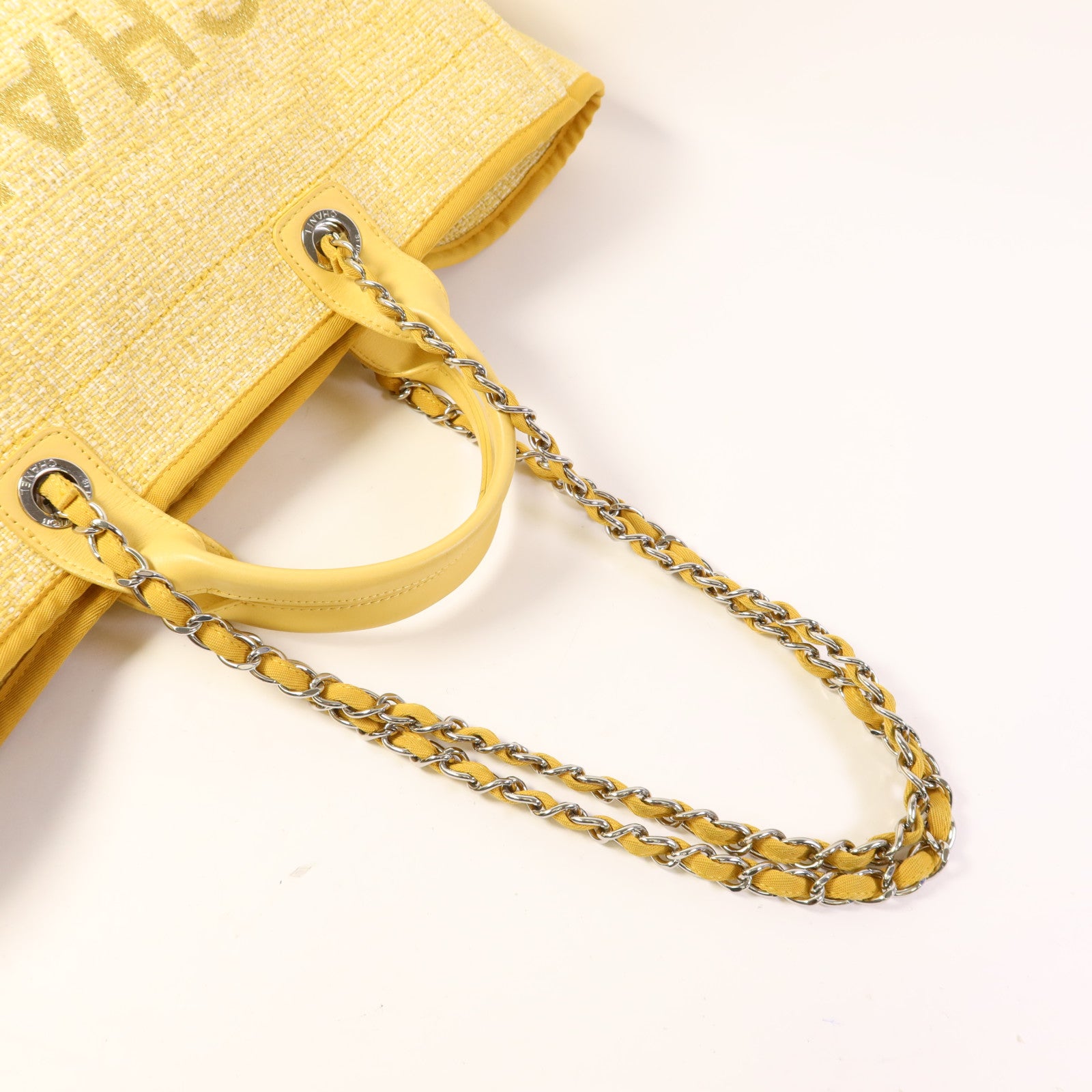 CHANEL 帆布Deauville Tote Bag銀扣手挽肩背兩用袋