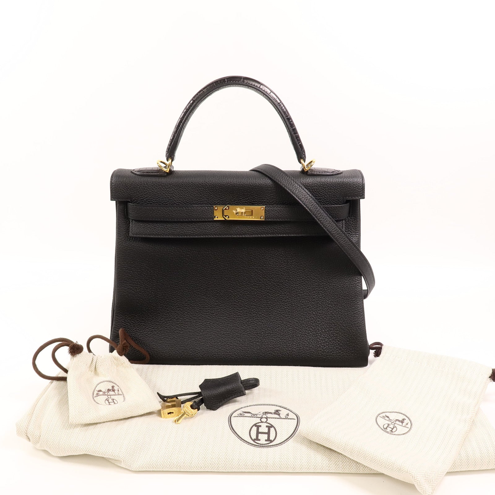 HERMES Togo/Croco皮革Kelly 32手挽肩背兩用袋Noir