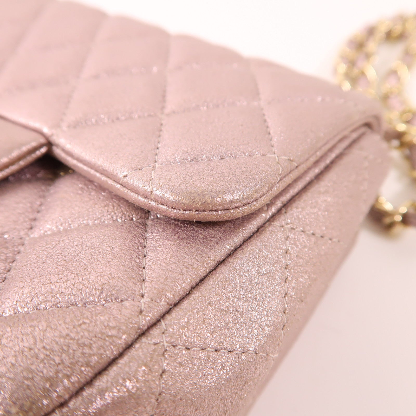 CHANEL CC GHW Mini Classic 17 Chain Shoulder Bag Calfskin Leather Metallic Pink