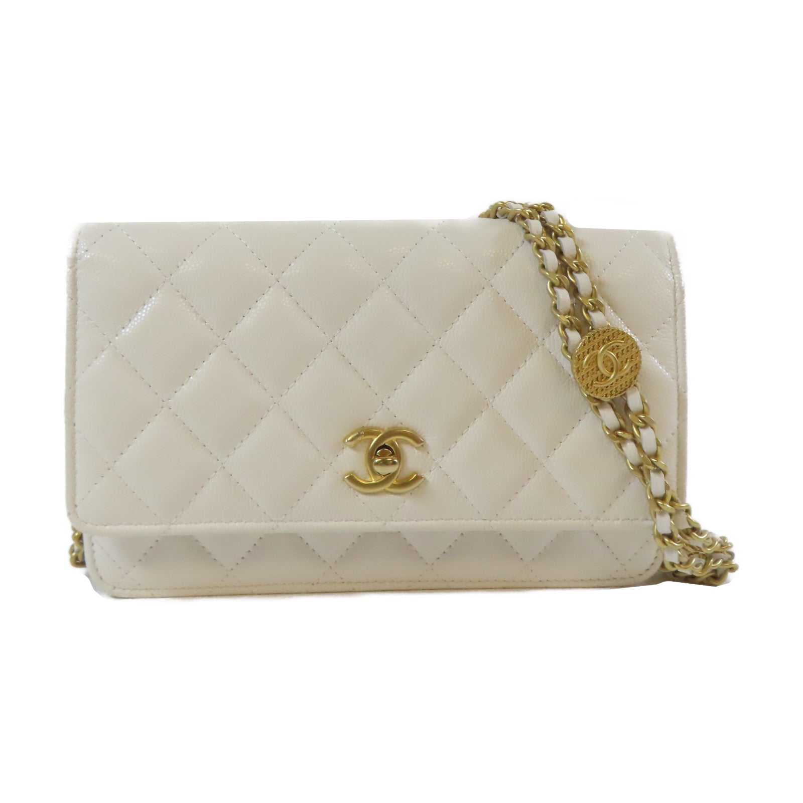 CHANEL 菱格Caviar皮革Gold Coin Chain WOC金扣鏈帶肩背袋白色
