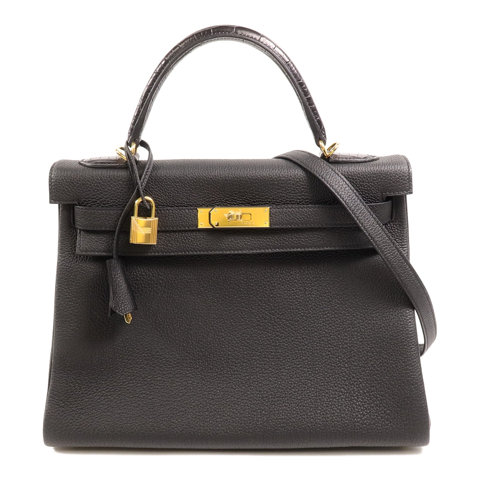 HERMES Togo/Croco皮革Kelly 32手挽肩背兩用袋Noir