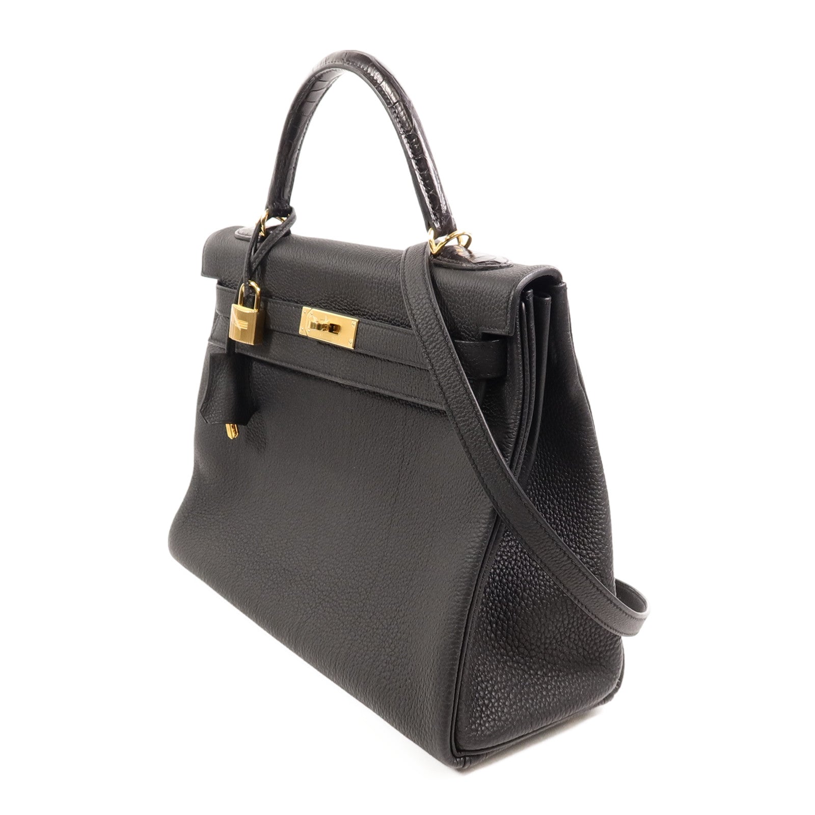 HERMES Togo/Croco皮革Kelly 32手挽肩背兩用袋Noir