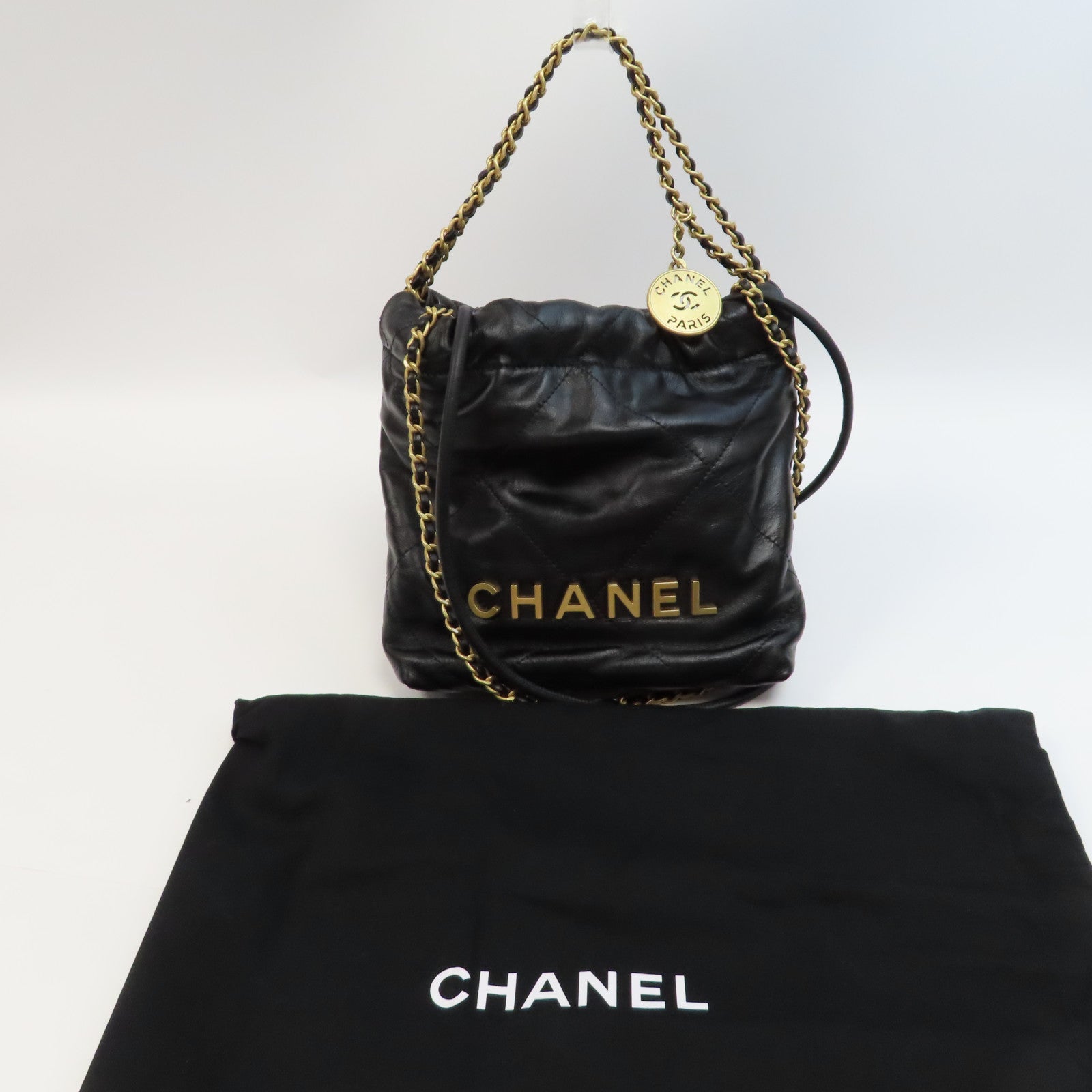 CHANEL 菱格牛皮皮革Chanel 22 Mini金扣肩背袋黑色