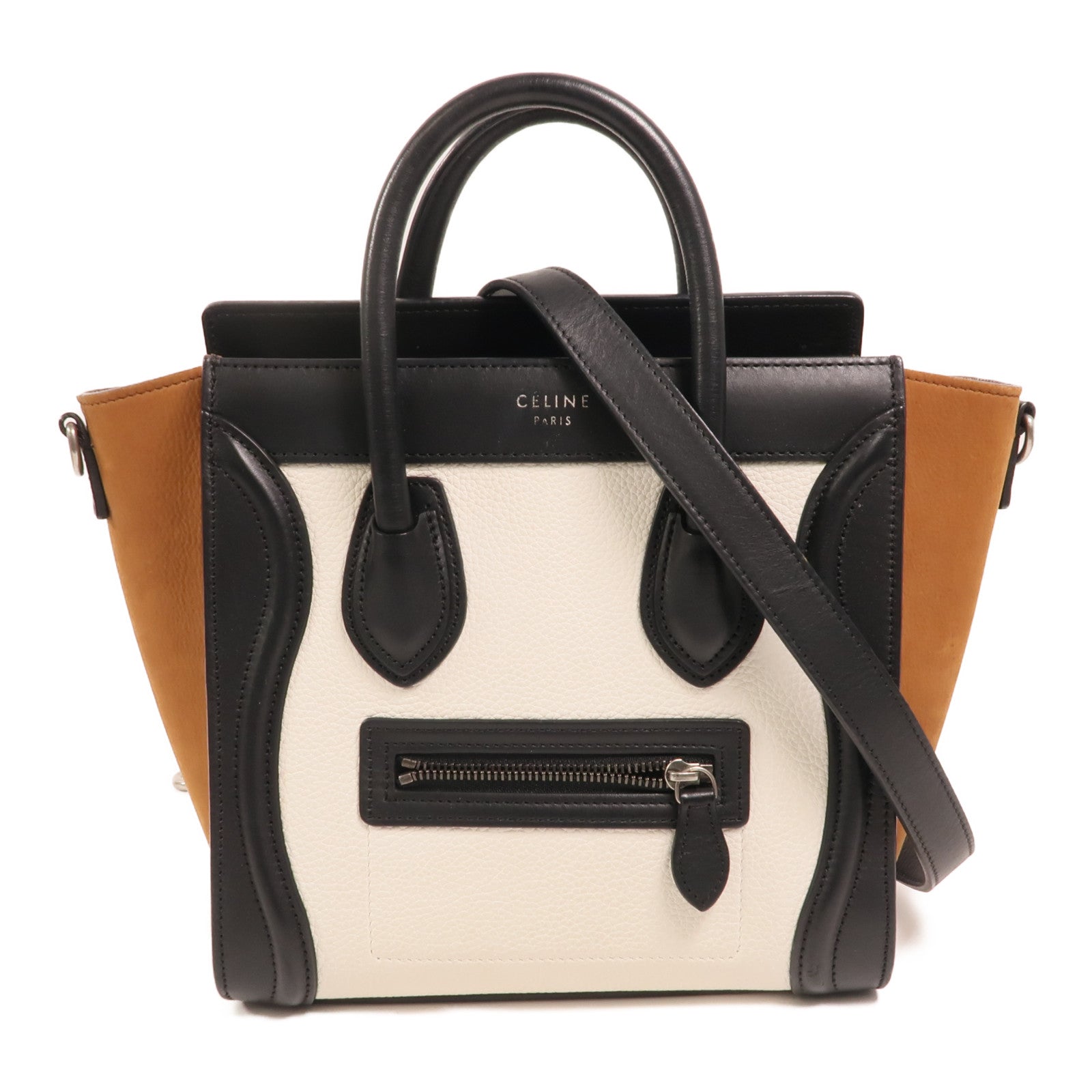 CELINE 牛皮皮革/絨布Nano Luggage銀扣肩背袋