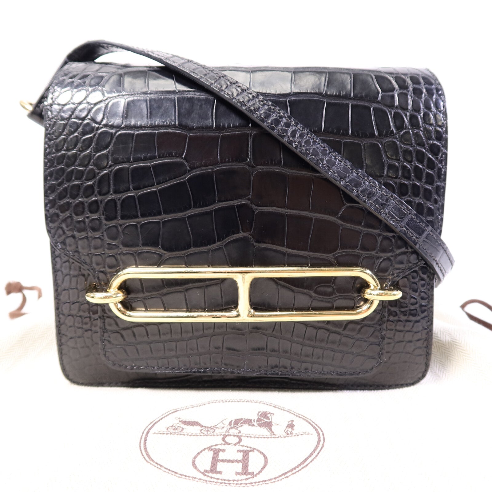 HERMES Croco Niloticus皮革Roulis Mini肩背袋Noir