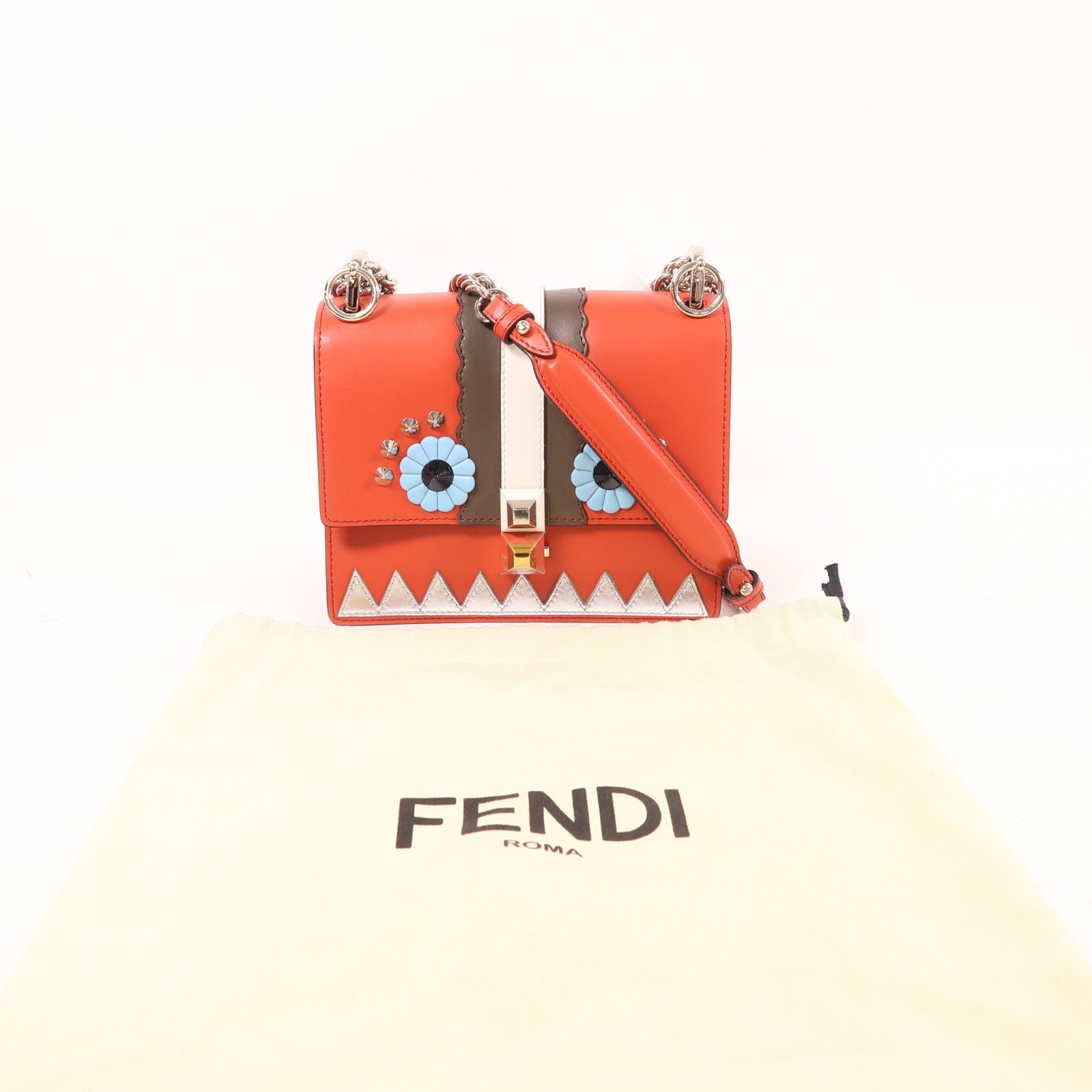 FENDI 牛皮皮革Small Kan I Faces銀扣鏈帶肩背袋