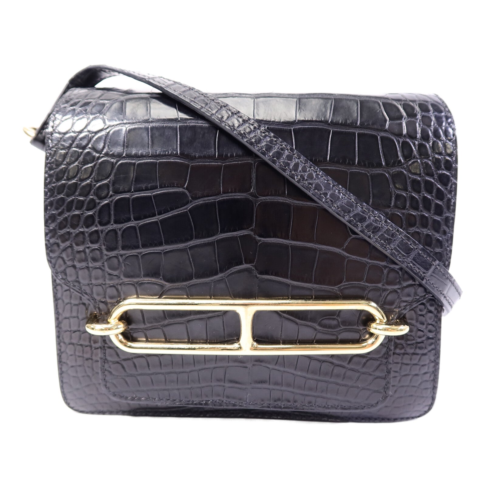 HERMES Croco Niloticus皮革Roulis Mini肩背袋Noir