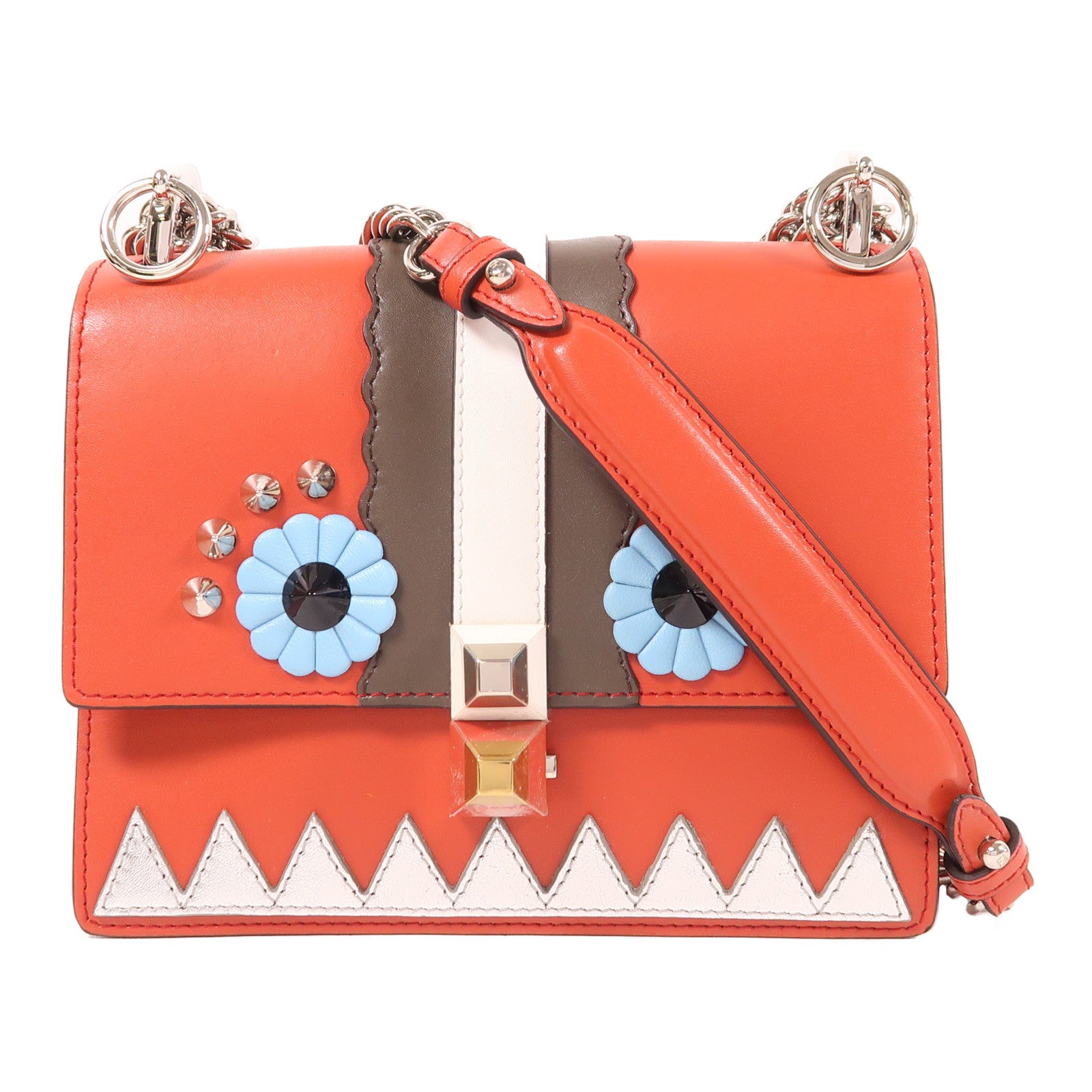 FENDI 牛皮皮革Small Kan I Faces銀扣鏈帶肩背袋