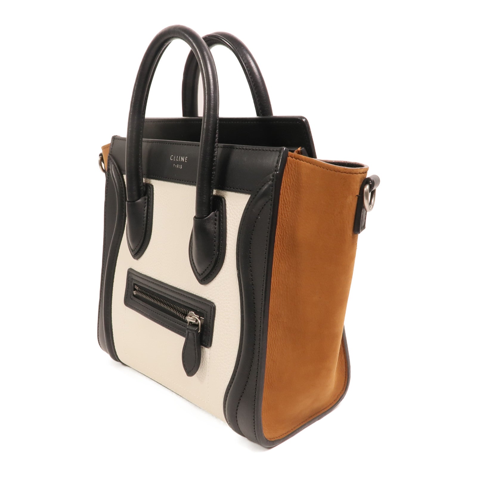 CELINE 牛皮皮革/絨布Nano Luggage銀扣肩背袋