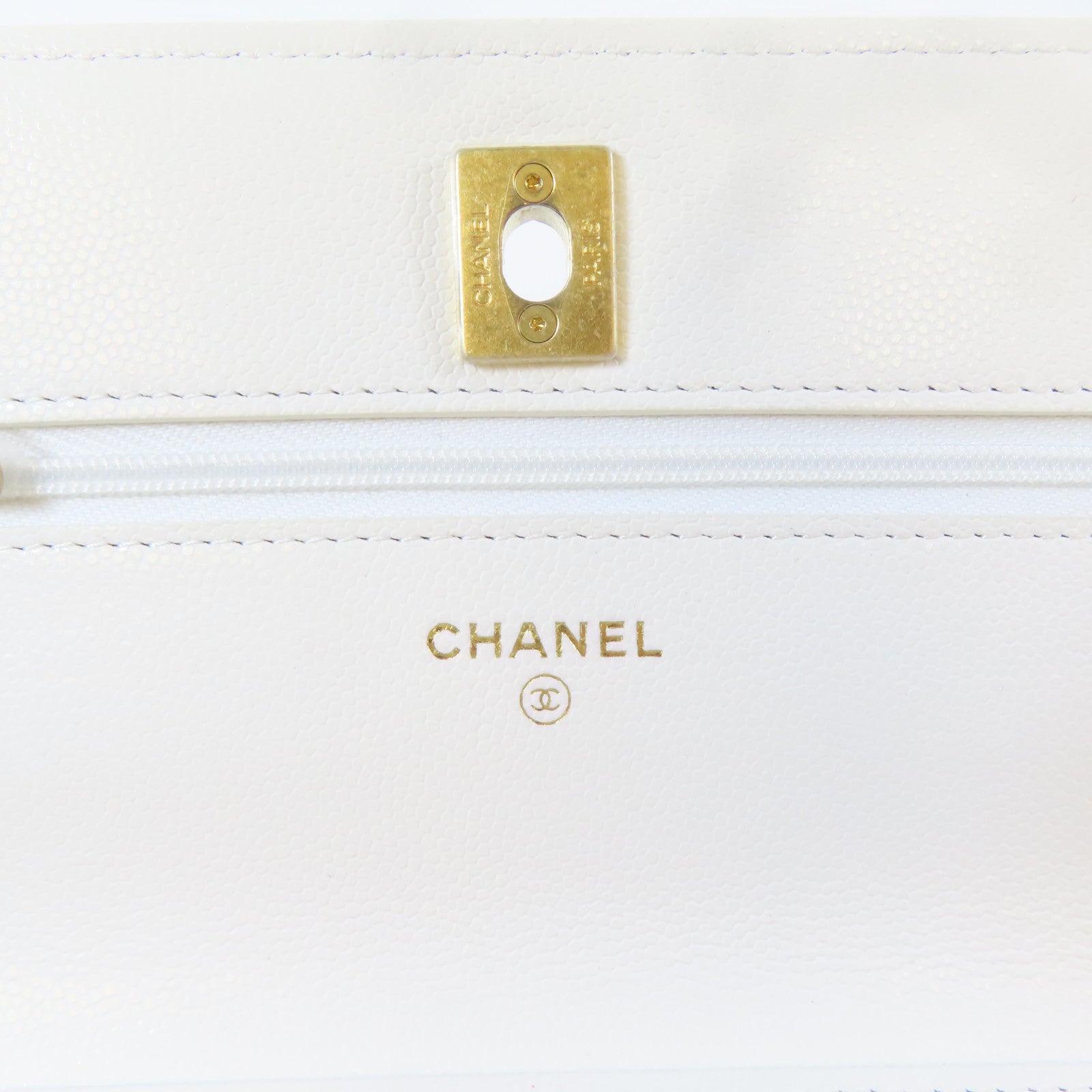 CHANEL 菱格Caviar皮革Gold Coin Chain WOC金扣鏈帶肩背袋白色
