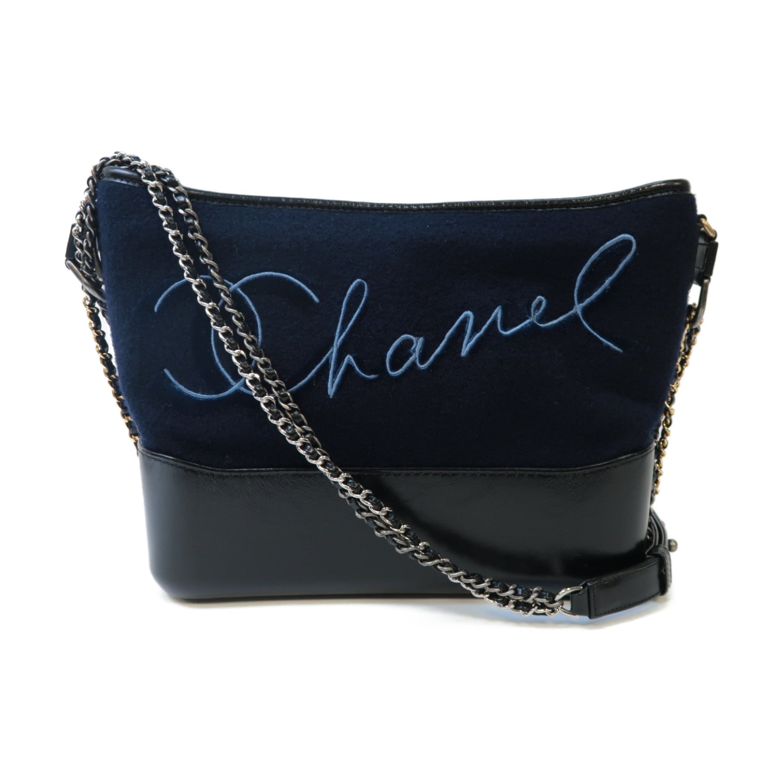 CHANEL **【激減優惠】絨布/牛皮皮革Gabrielle鏈帶肩背袋深藍色/黑色