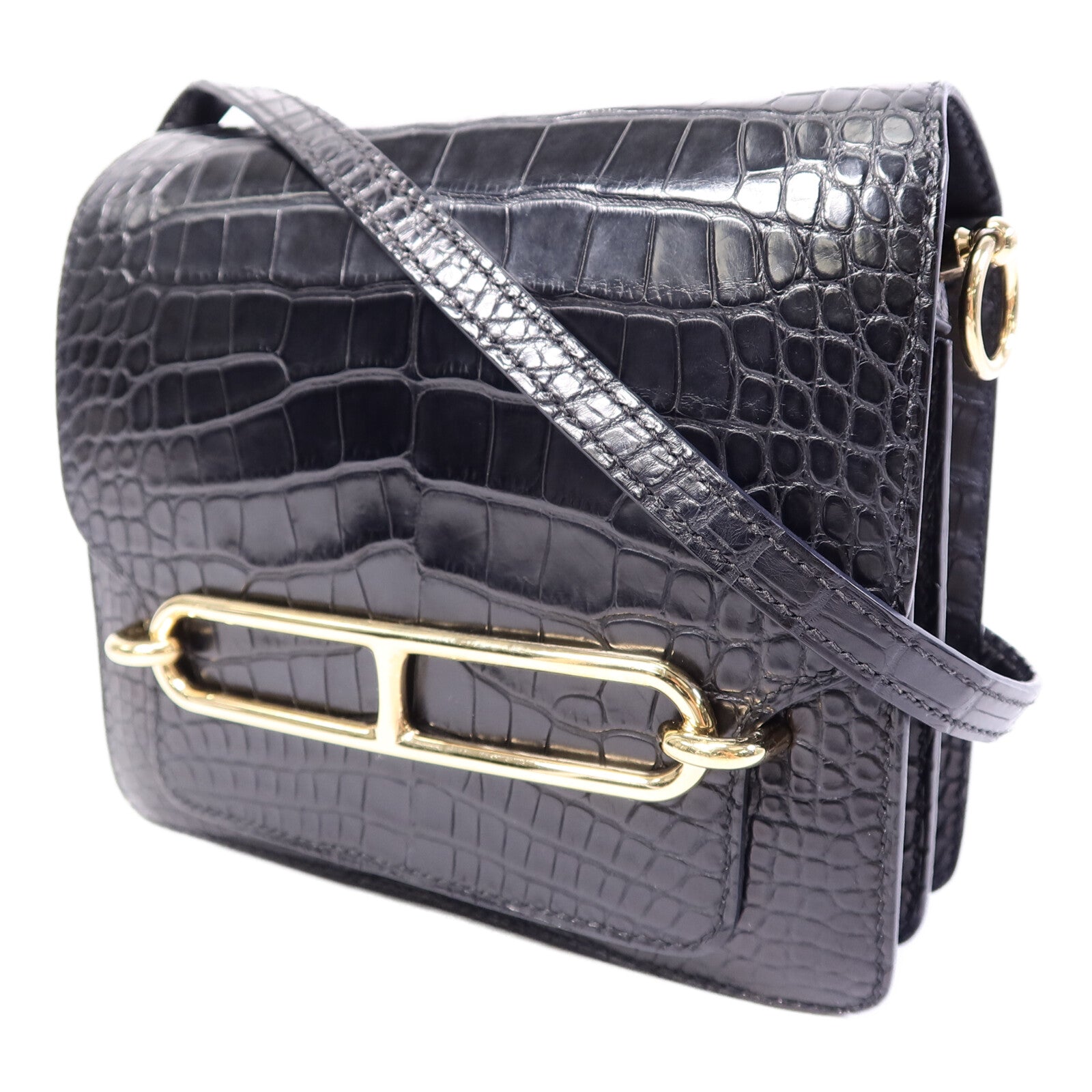 HERMES Croco Niloticus皮革Roulis Mini肩背袋Noir