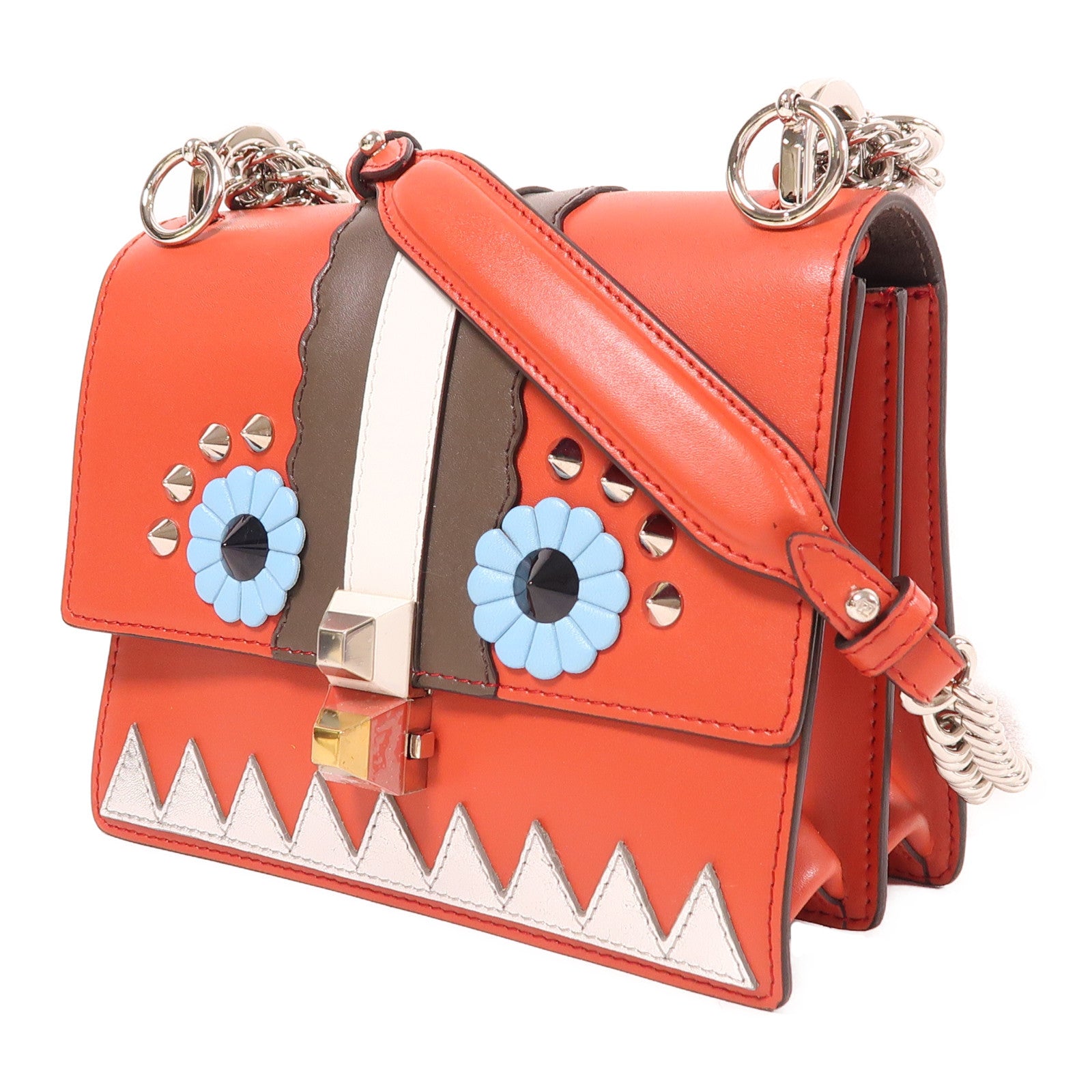 FENDI 牛皮皮革Small Kan I Faces銀扣鏈帶肩背袋