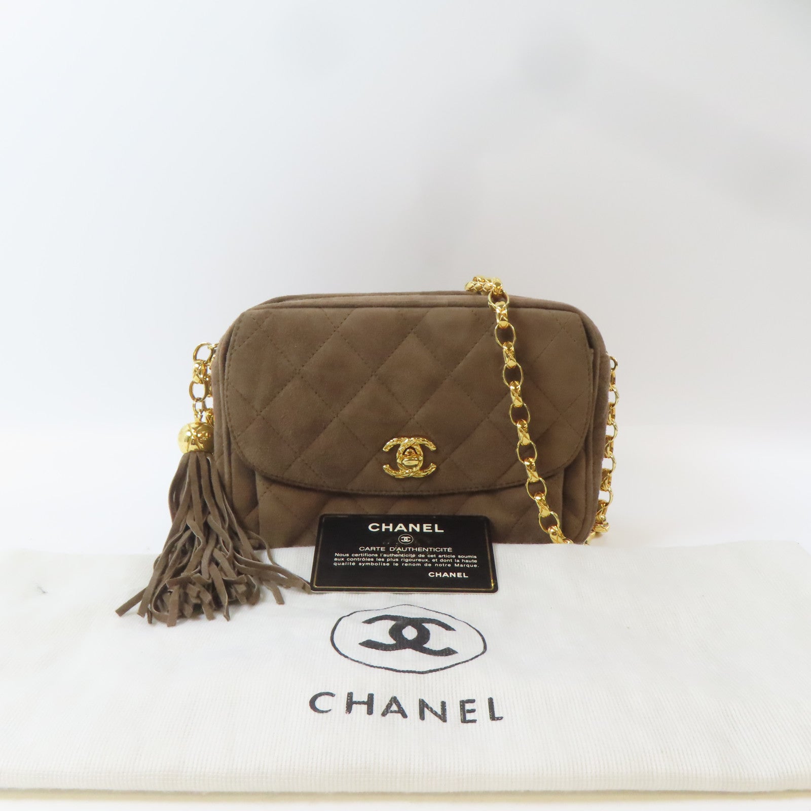 CHANEL 菱格絨布Chain Shoulder Bag金扣鏈帶肩背袋啡色