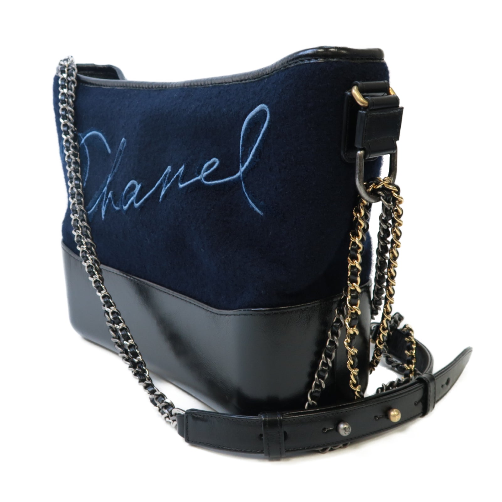 CHANEL **【激減優惠】絨布/牛皮皮革Gabrielle鏈帶肩背袋深藍色/黑色