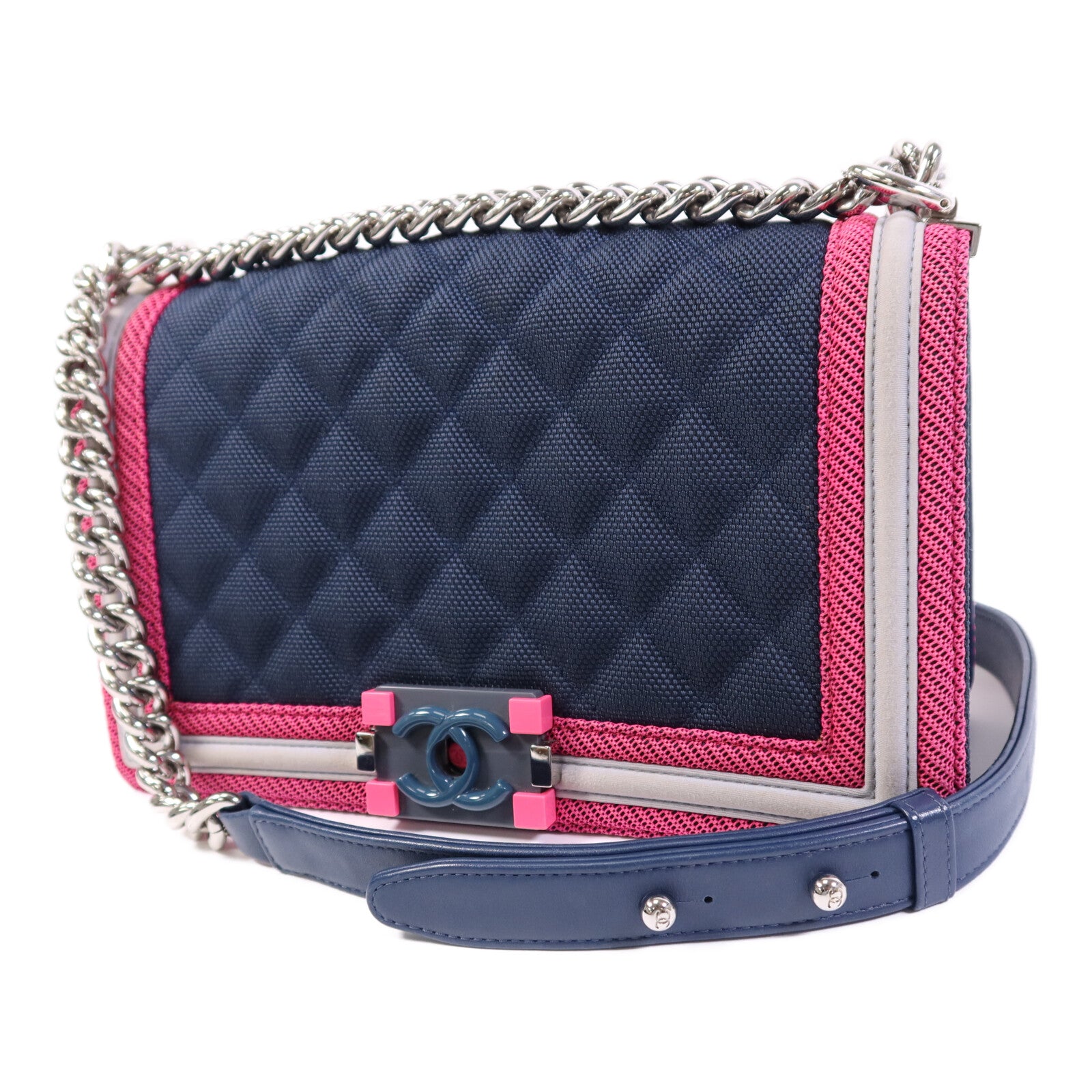 CHANEL 帆布Boy 25銀扣鏈帶肩背袋