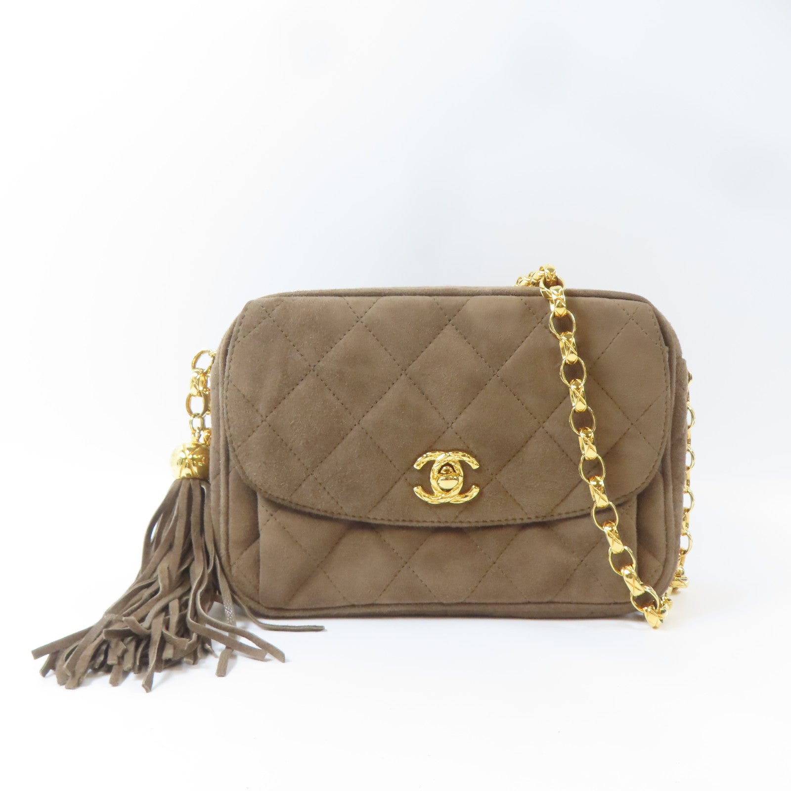 CHANEL 菱格絨布Chain Shoulder Bag金扣鏈帶肩背袋啡色