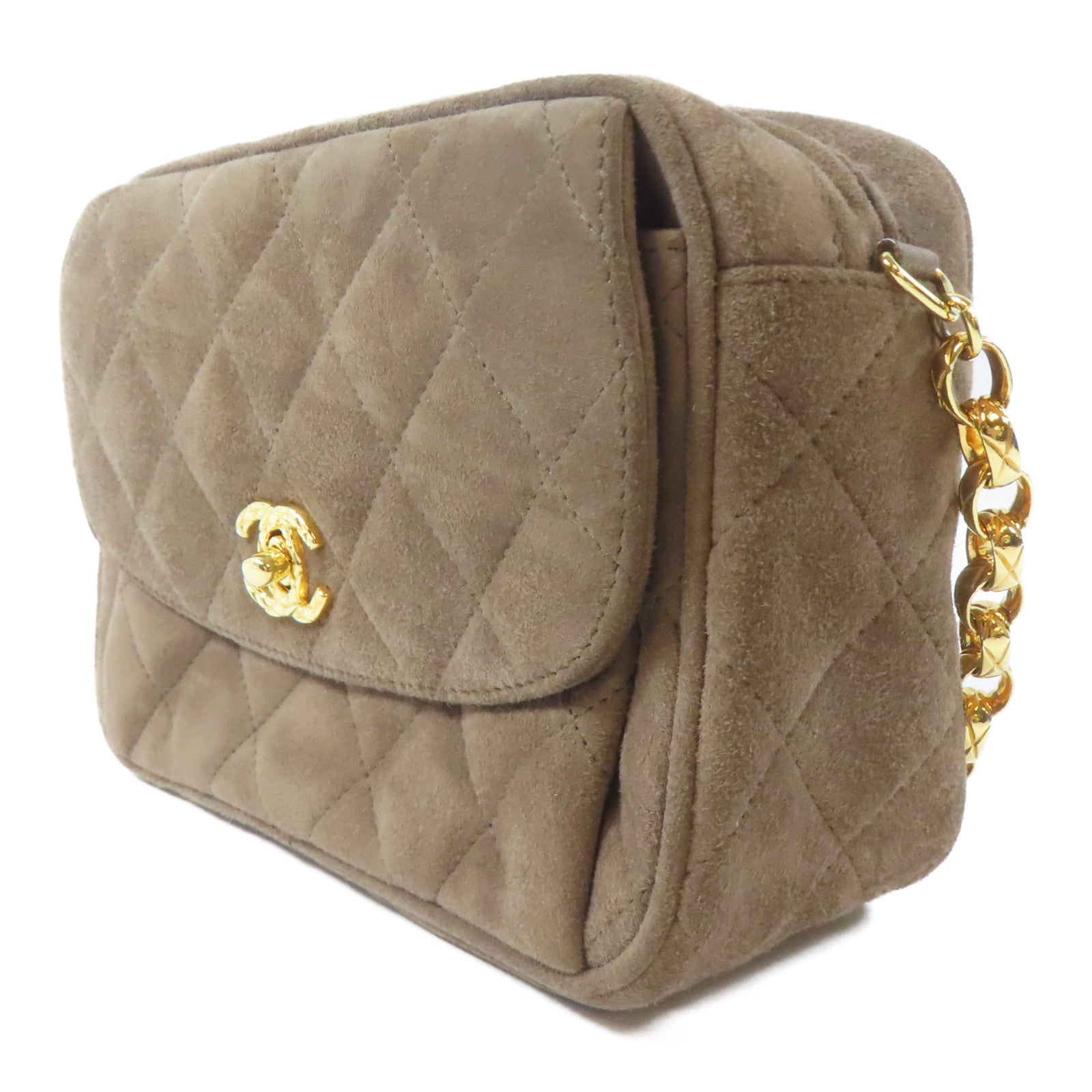CHANEL 菱格絨布Chain Shoulder Bag金扣鏈帶肩背袋啡色
