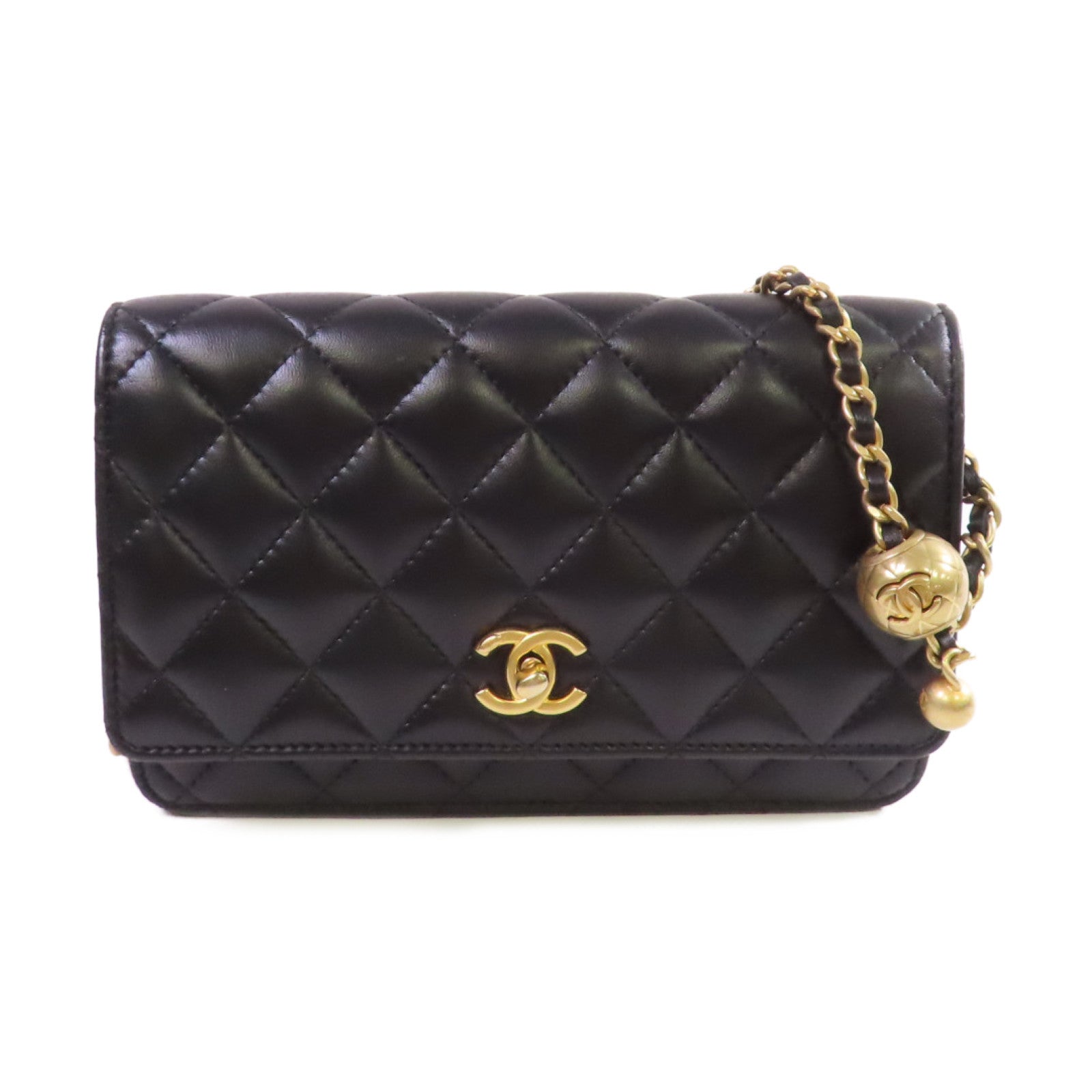 CHANEL 菱格羊皮皮革WOC Wallet On Chain Shoulder Bag金扣鏈帶肩背袋黑色