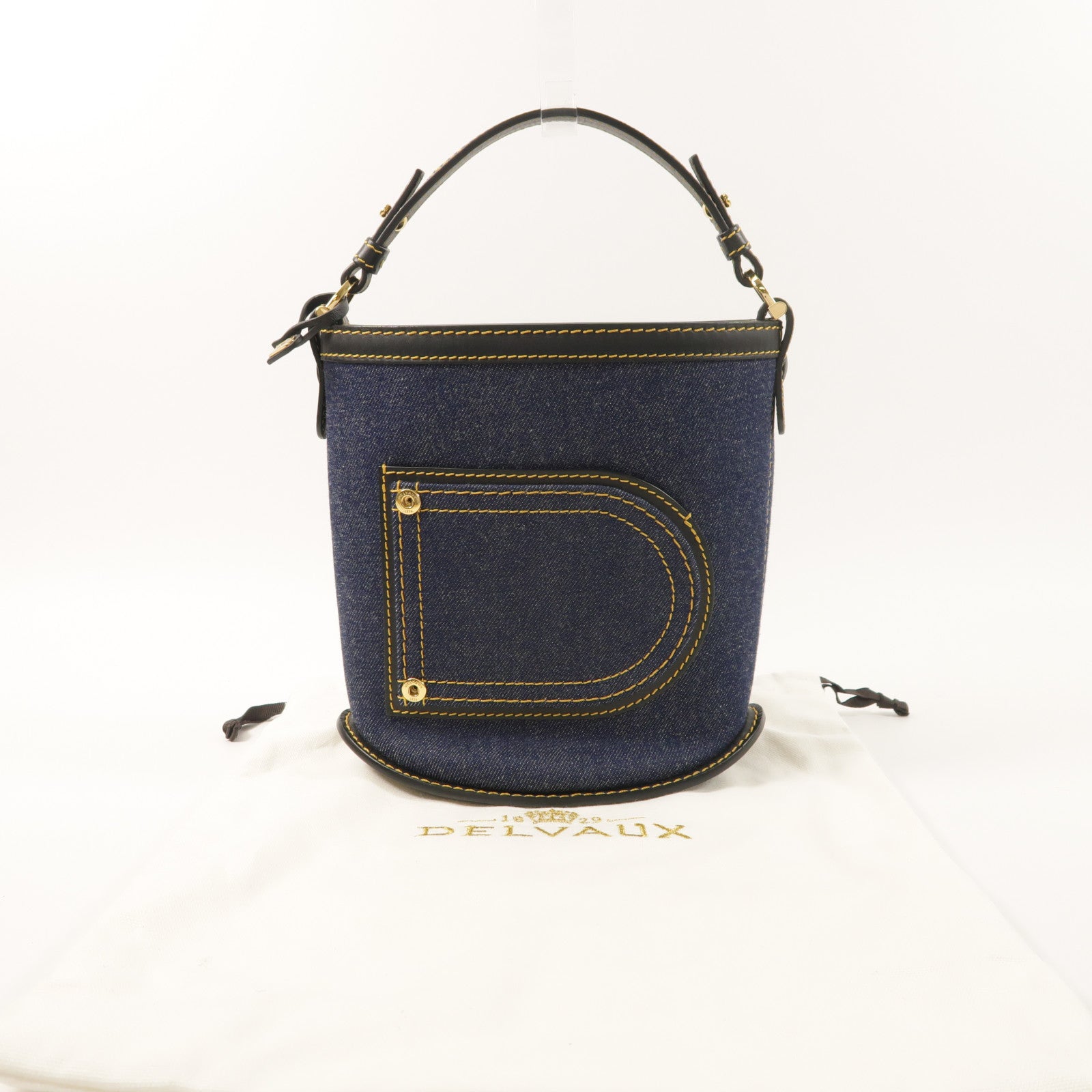Delvaux 牛仔布/牛皮皮革Pin Mini Denim Bucket Bag金扣手挽袋