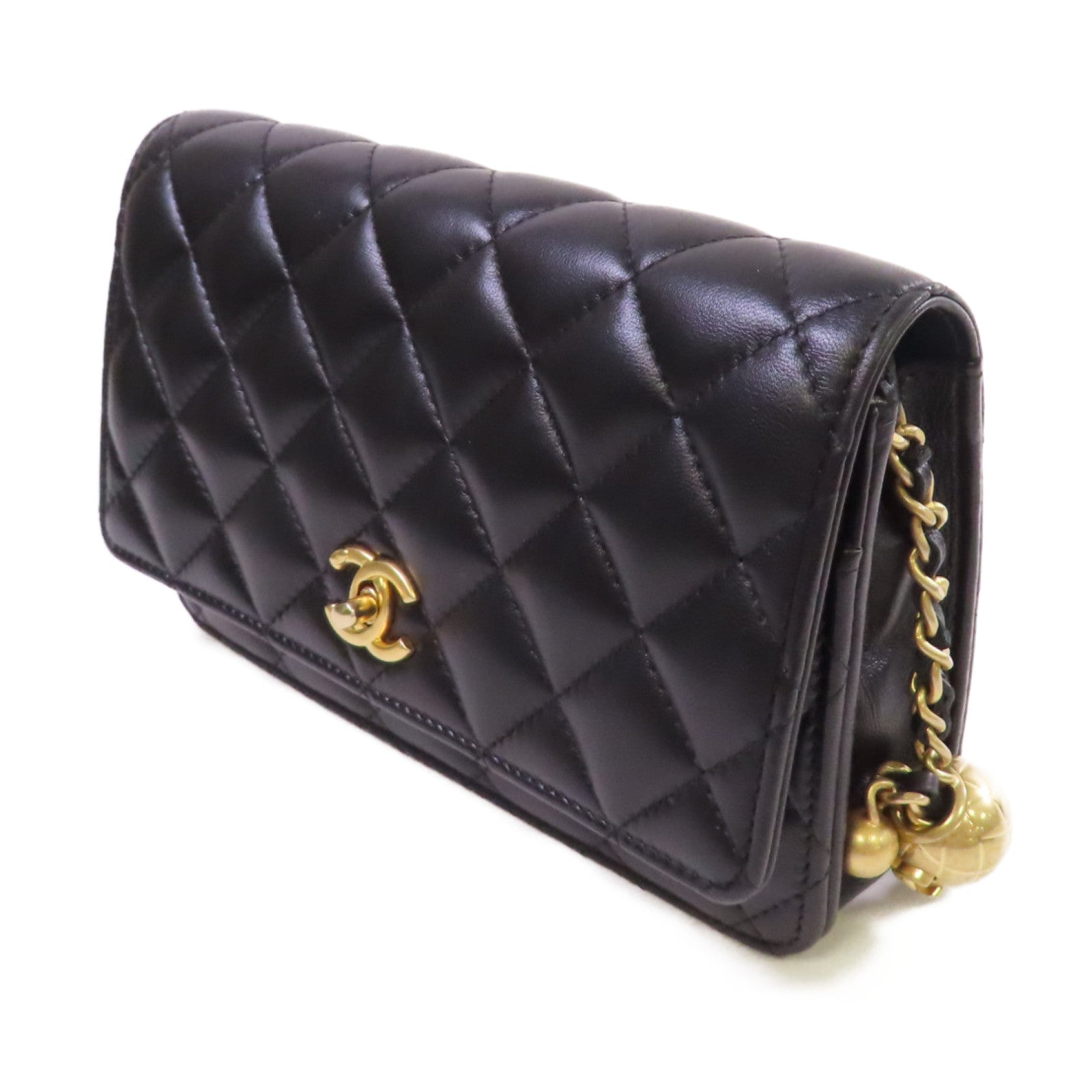 CHANEL 菱格羊皮皮革WOC Wallet On Chain Shoulder Bag金扣鏈帶肩背袋黑色