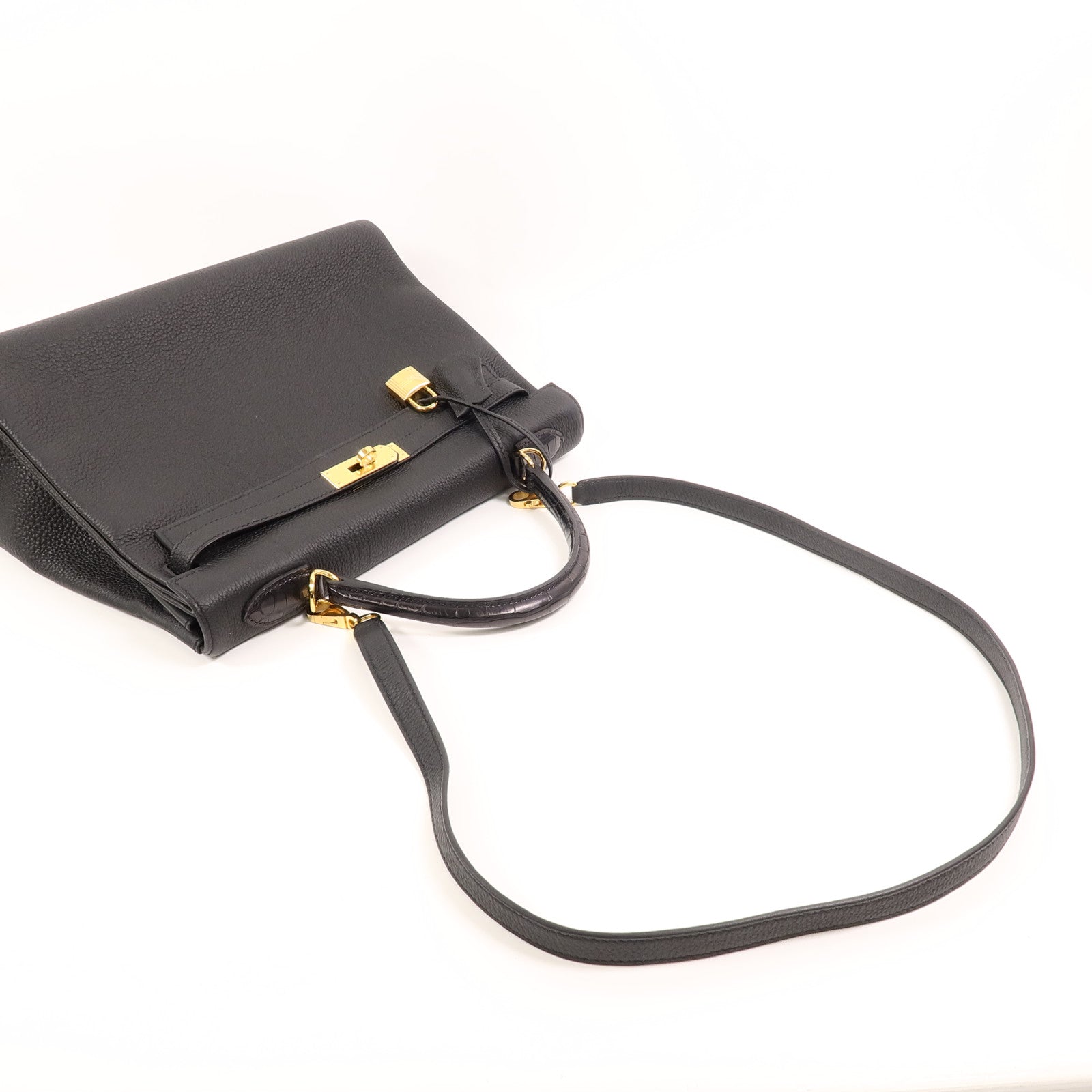 HERMES Togo/Croco皮革Kelly 32手挽肩背兩用袋Noir