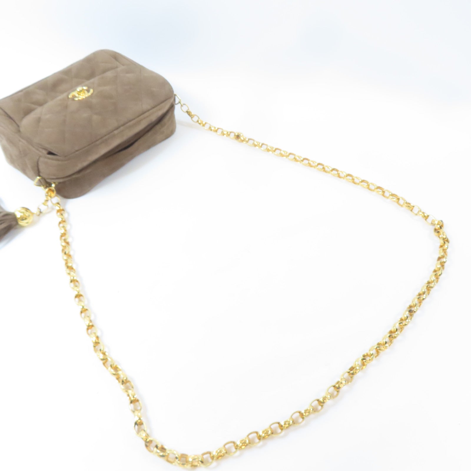 CHANEL 菱格絨布Chain Shoulder Bag金扣鏈帶肩背袋啡色