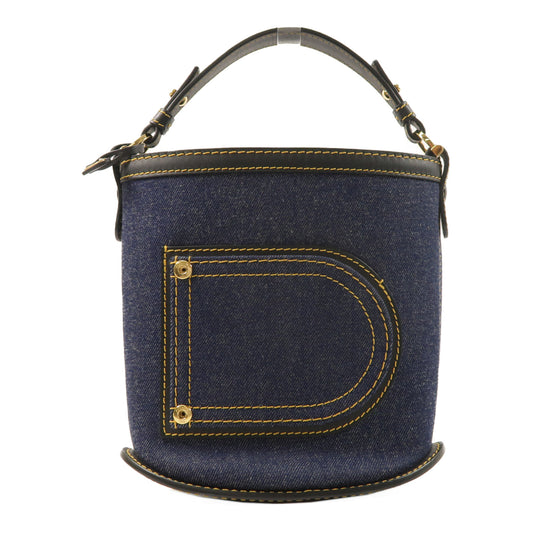 Delvaux 牛仔布/牛皮皮革Pin Mini Denim Bucket Bag金扣手挽袋