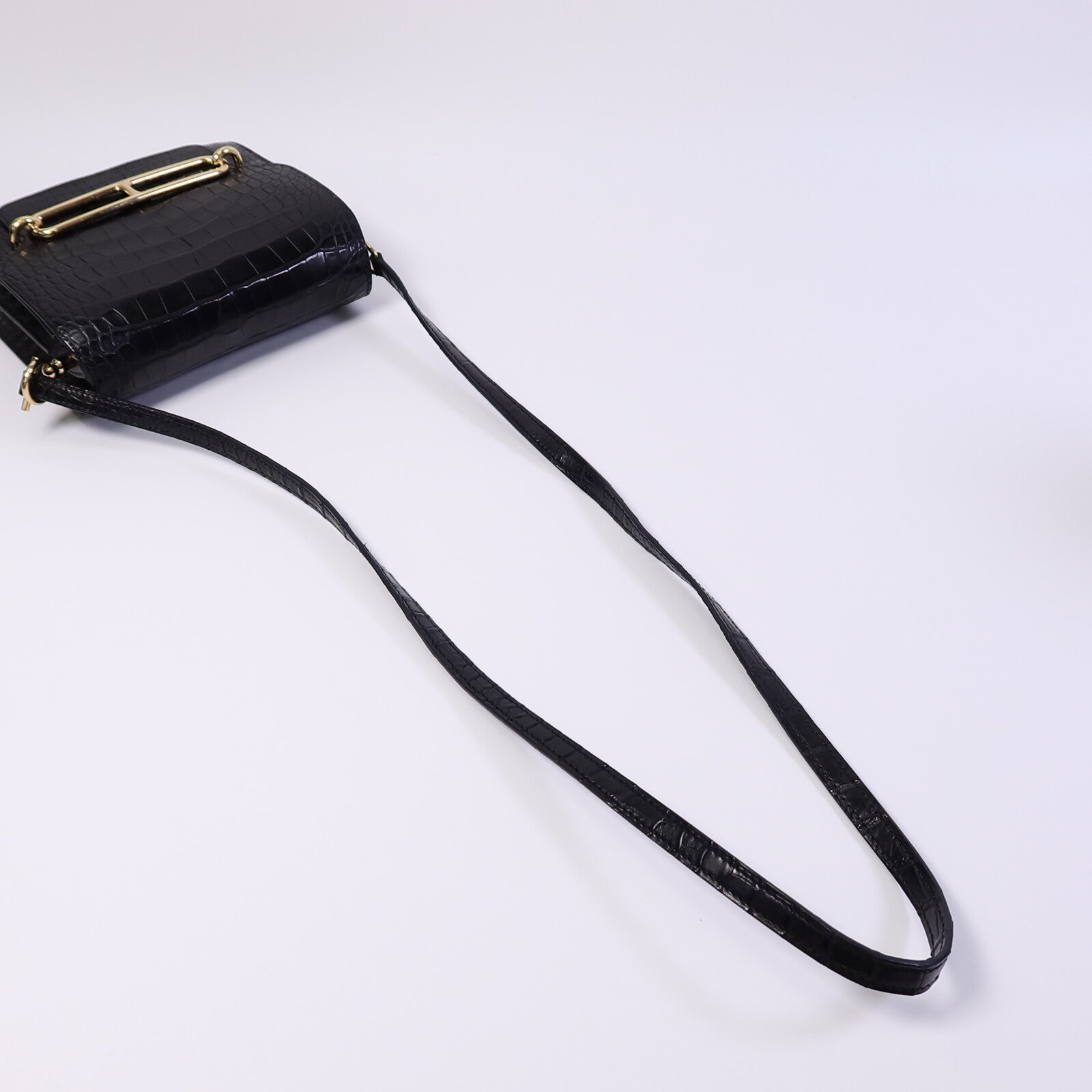 HERMES Croco Niloticus皮革Roulis Mini肩背袋Noir
