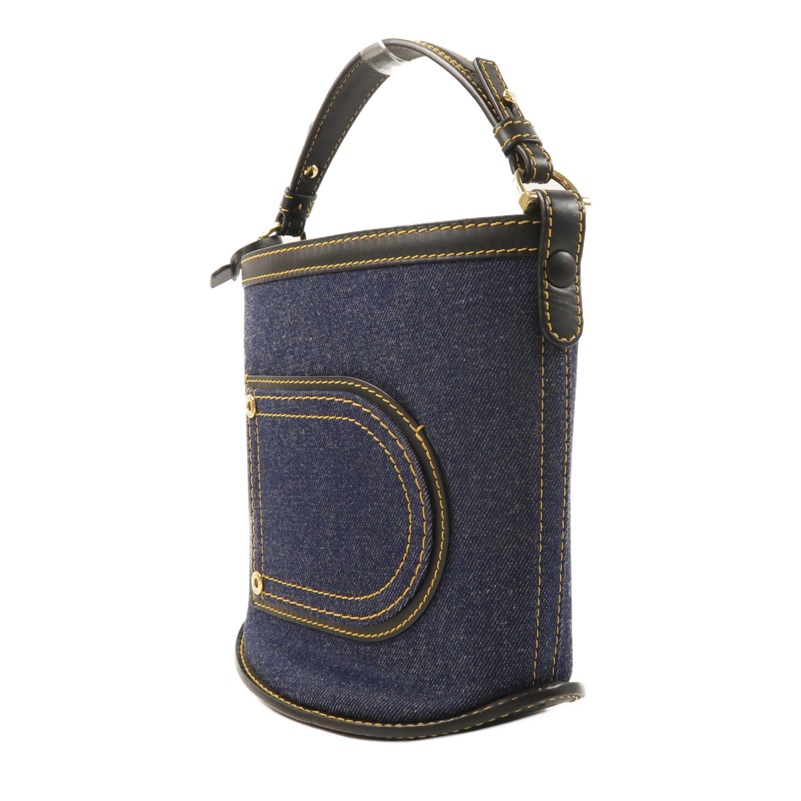 Delvaux 牛仔布/牛皮皮革Pin Mini Denim Bucket Bag金扣手挽袋